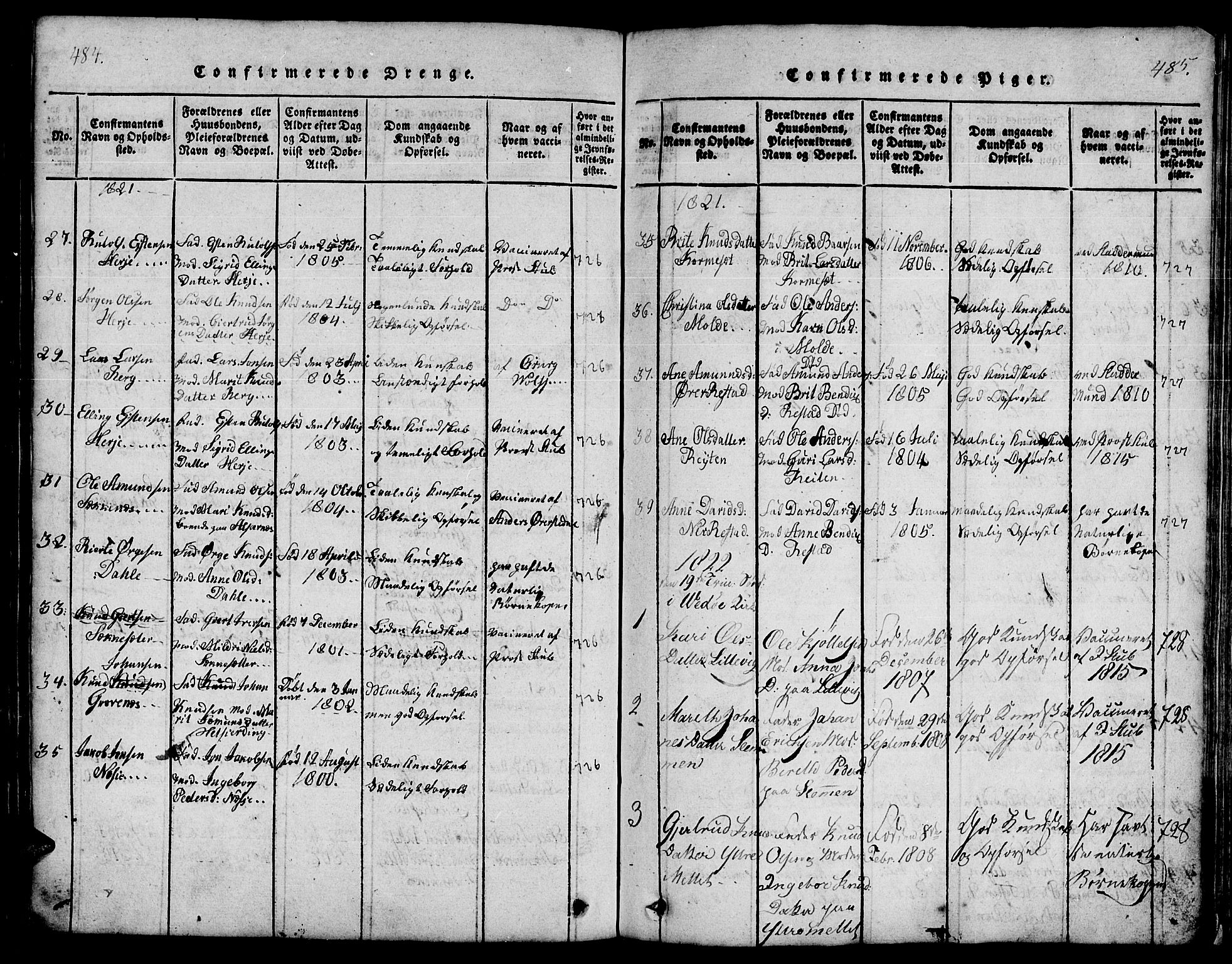 Ministerialprotokoller, klokkerbøker og fødselsregistre - Møre og Romsdal, SAT/A-1454/547/L0602: Ministerialbok nr. 547A04, 1818-1845, s. 484-485