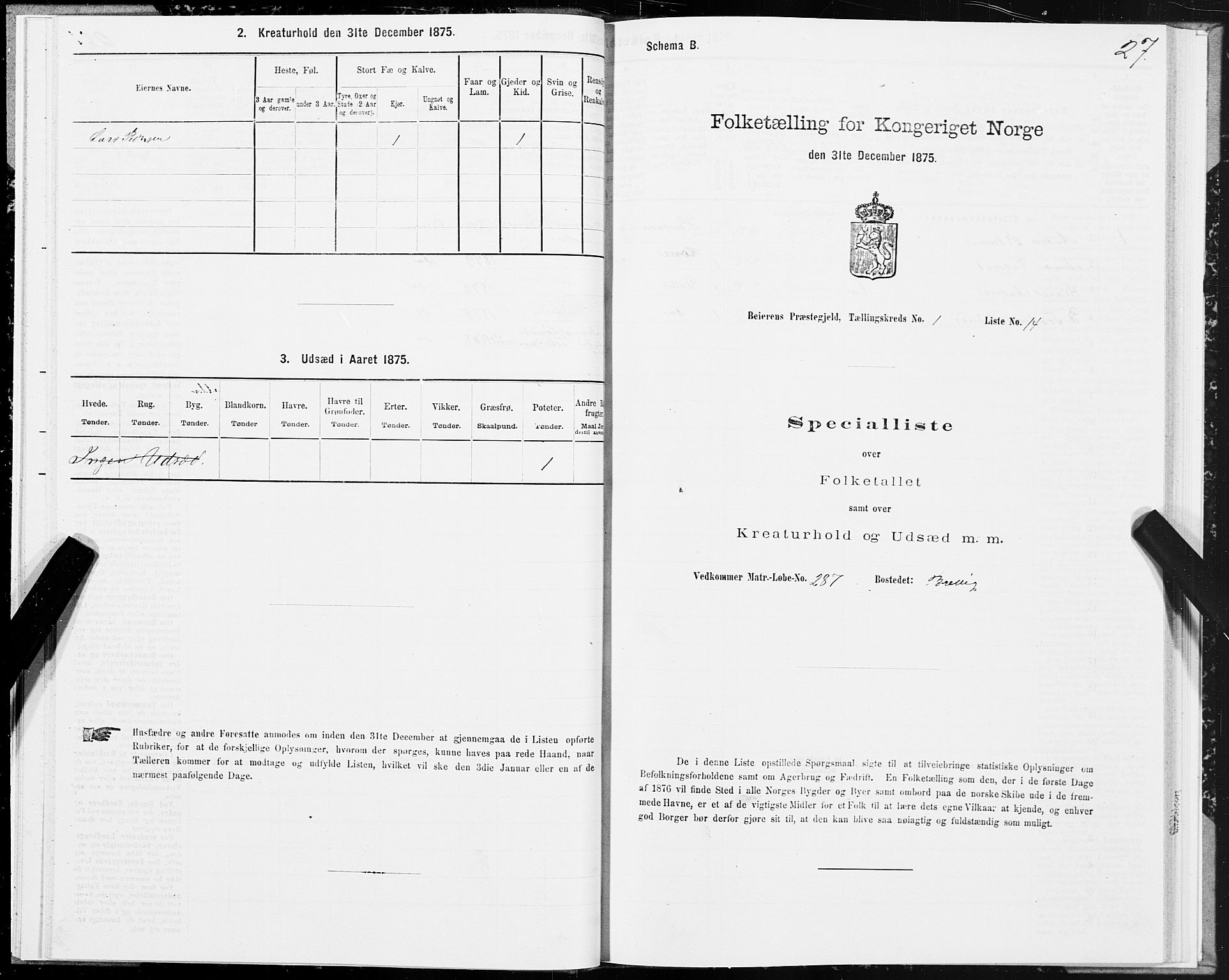 SAT, Folketelling 1875 for 1839P Beiarn prestegjeld, 1875, s. 1027