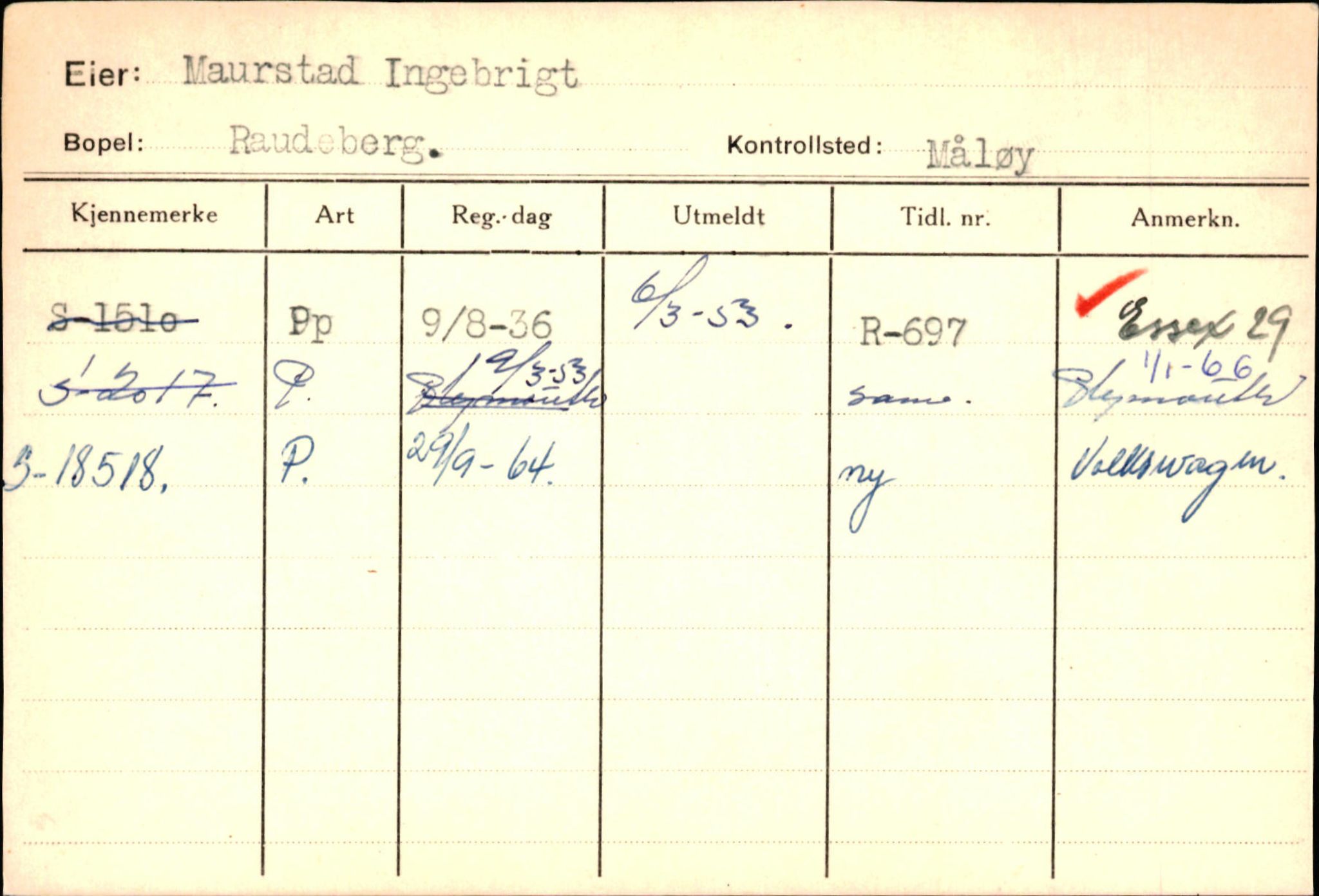 Statens vegvesen, Sogn og Fjordane vegkontor, SAB/A-5301/4/F/L0144: Registerkort Vågsøy A-R, 1945-1975, s. 1724