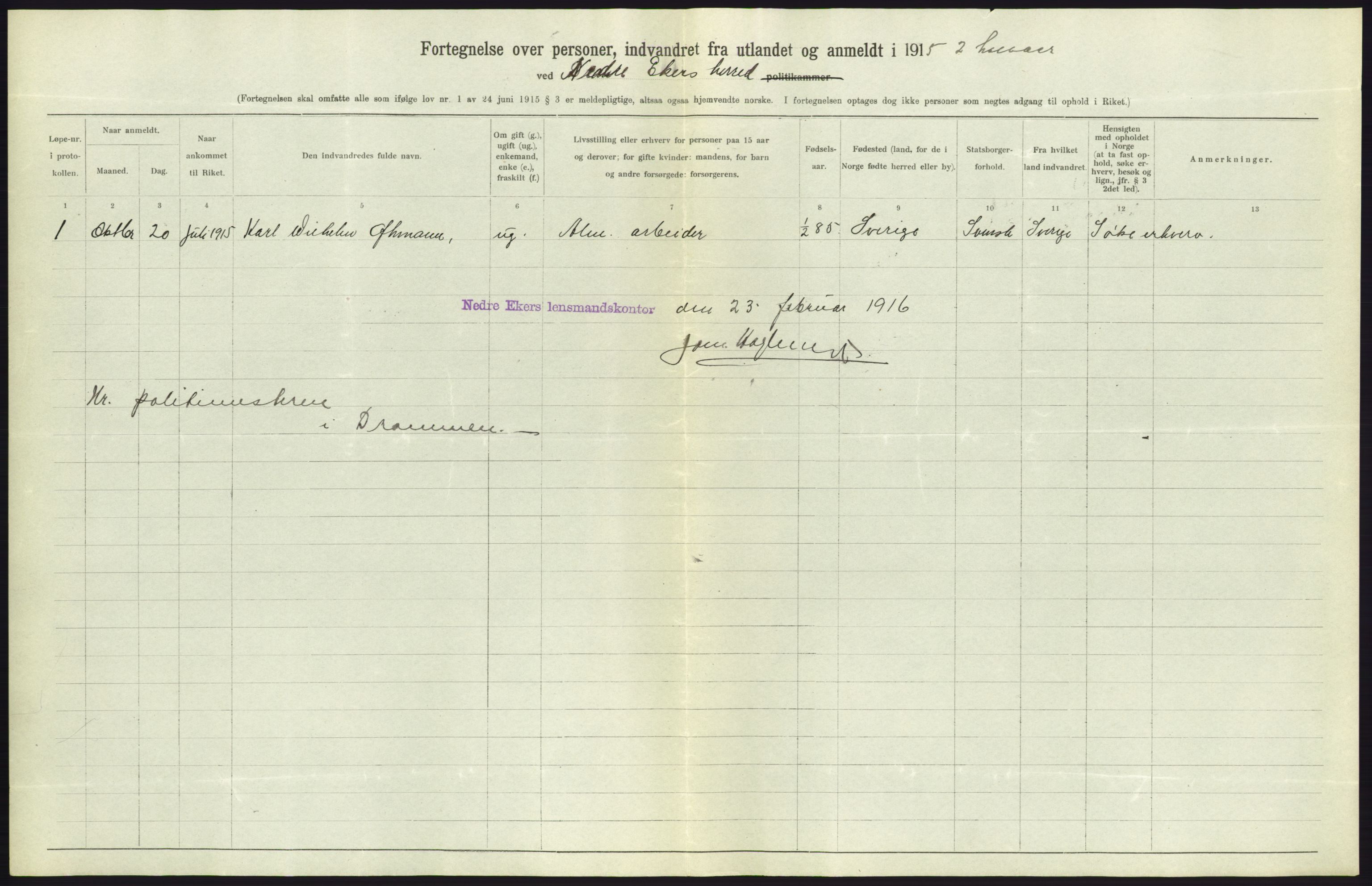 Statistisk sentralbyrå, Sosioøkonomiske emner, Folketellinger, boliger og boforhold, AV/RA-S-2231/F/Fa/L0001: Innvandring. Navn/fylkesvis, 1915, s. 292