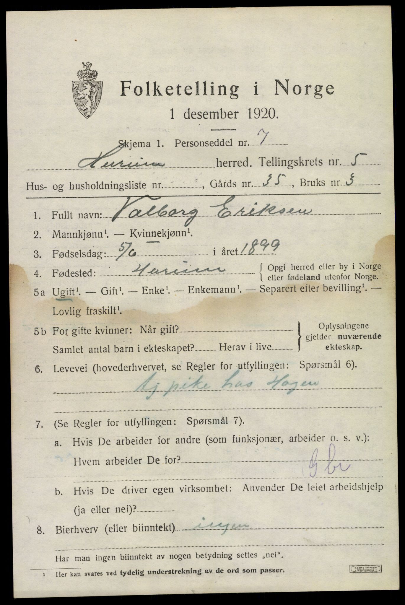 SAKO, Folketelling 1920 for 0628 Hurum herred, 1920, s. 6124