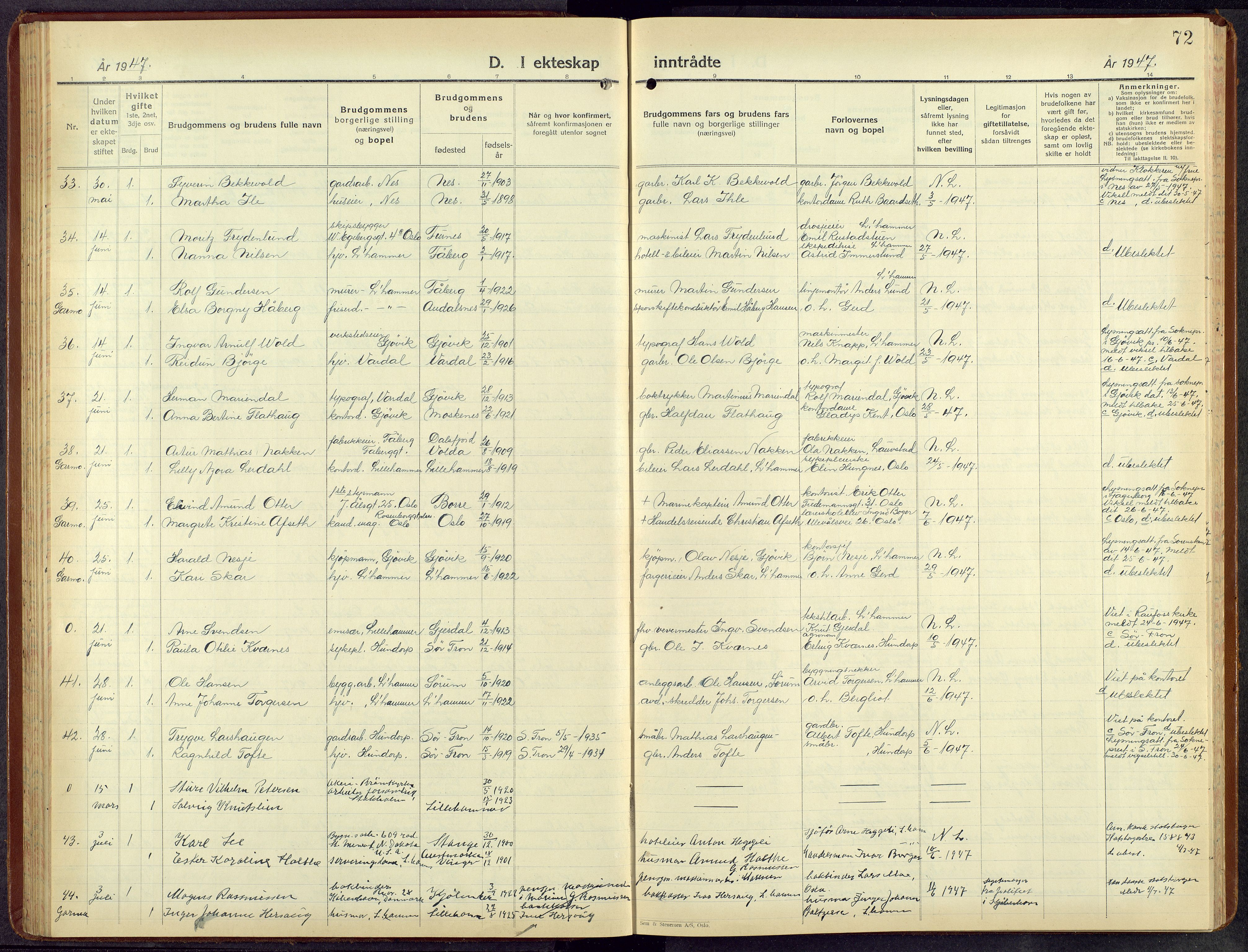 Lillehammer prestekontor, AV/SAH-PREST-088/H/Ha/Hab/L0004: Klokkerbok nr. 4, 1940-1955, s. 72