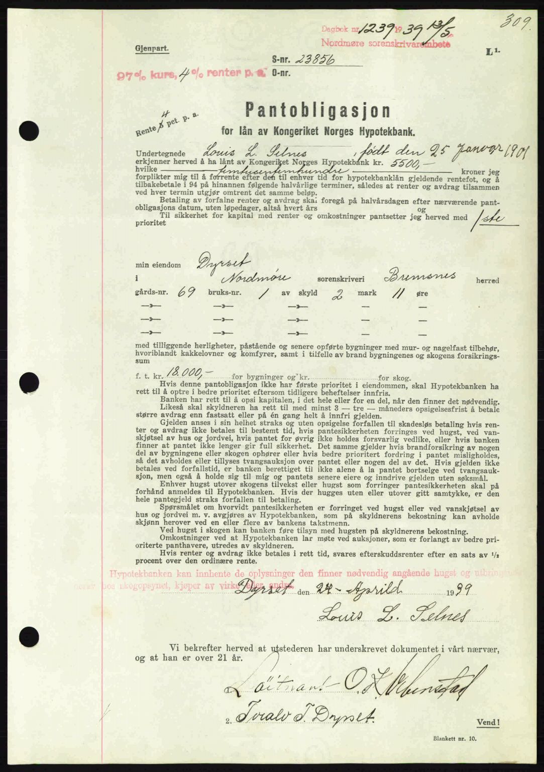 Nordmøre sorenskriveri, AV/SAT-A-4132/1/2/2Ca: Pantebok nr. B85, 1939-1939, Dagboknr: 1239/1939