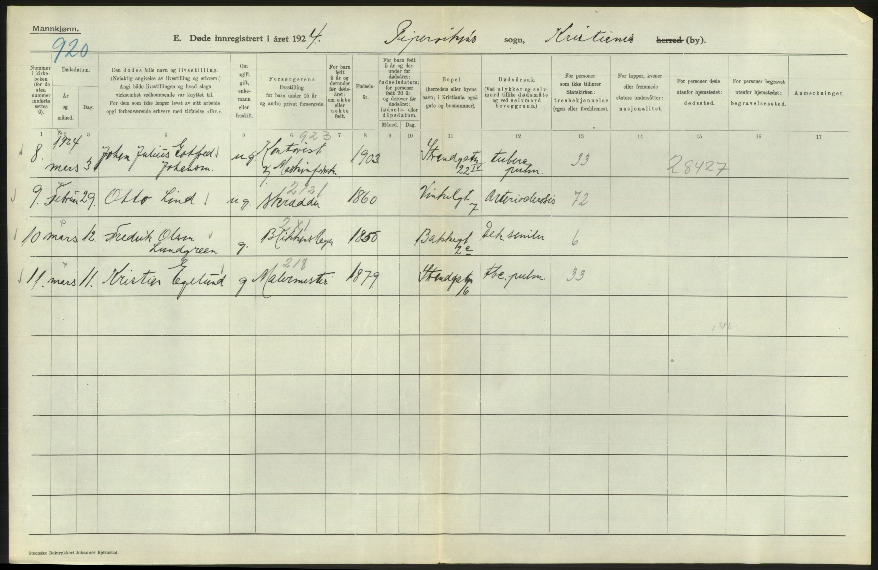 Statistisk sentralbyrå, Sosiodemografiske emner, Befolkning, AV/RA-S-2228/D/Df/Dfc/Dfcd/L0008: Kristiania: Døde menn, 1924, s. 478
