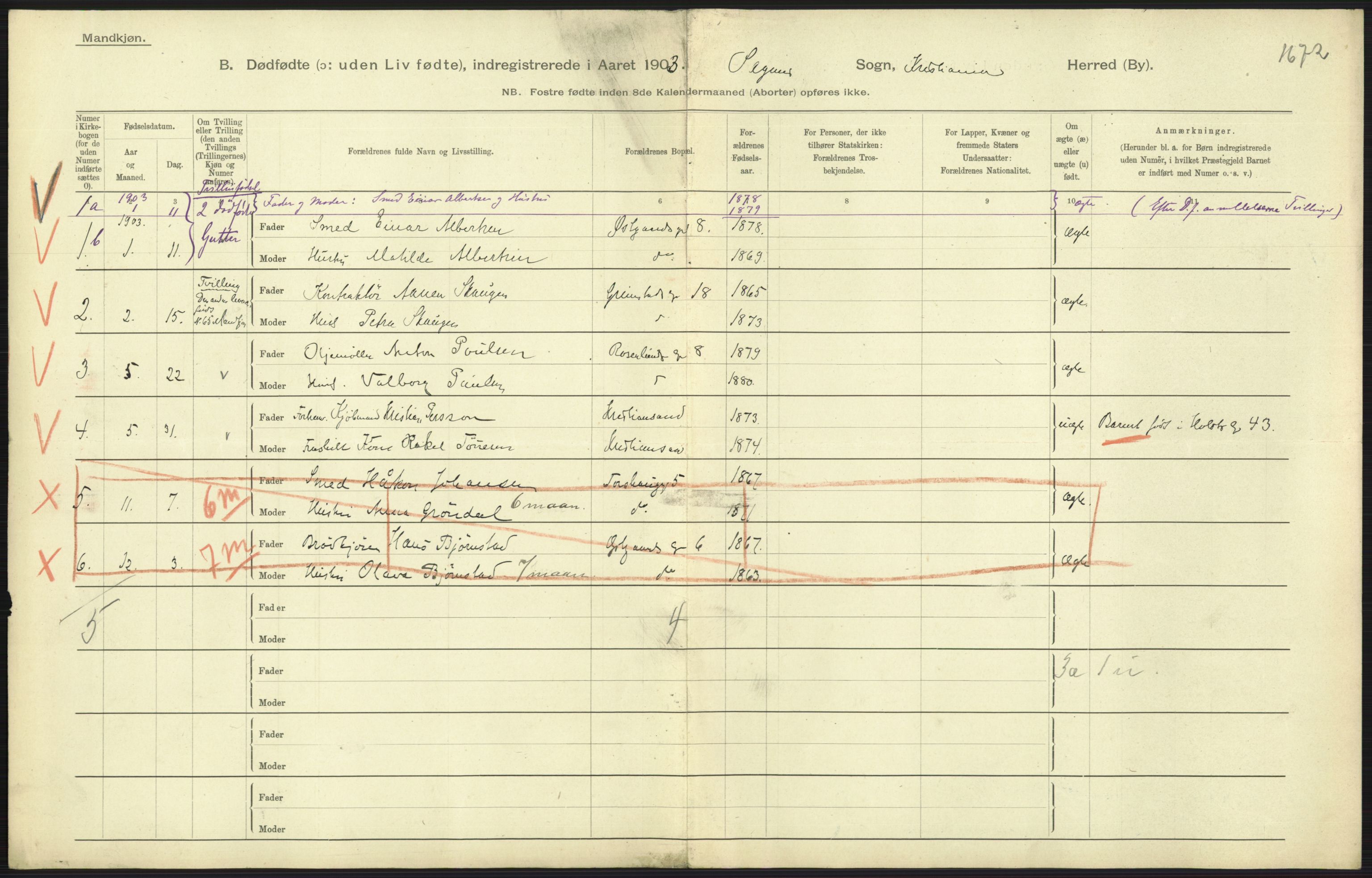 Statistisk sentralbyrå, Sosiodemografiske emner, Befolkning, AV/RA-S-2228/D/Df/Dfa/Dfaa/L0026: Smålenenes - Finnmarkens amt: Dødfødte. Byer., 1903, s. 27