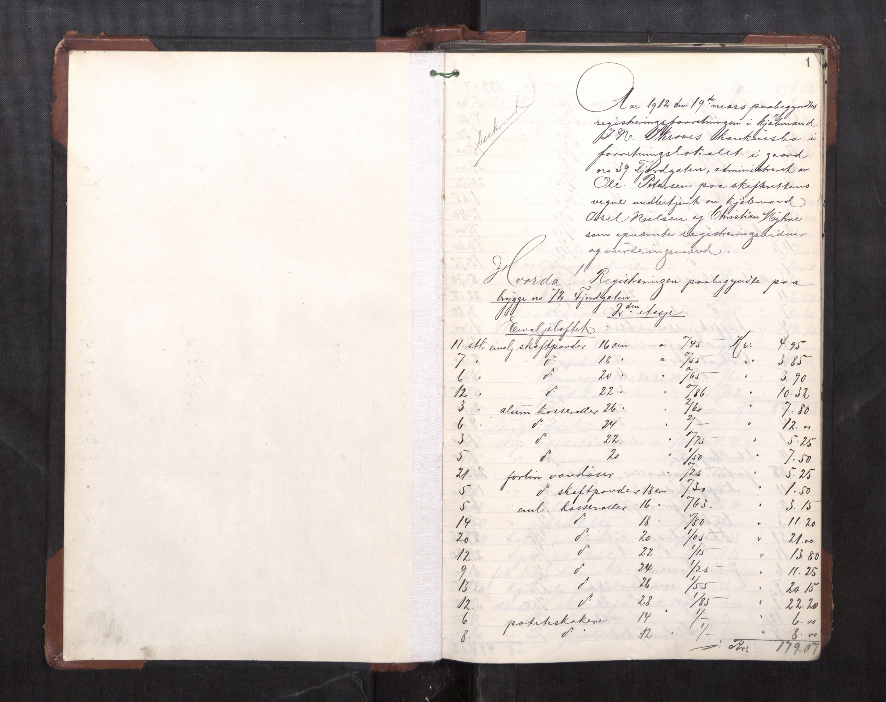 Trondheim byfogd, AV/SAT-A-0003/1/3/3C/L0031: Skifteregistreringsprotokoll - 19/3-15/11. (u/ register), 1912-1913, s. 1