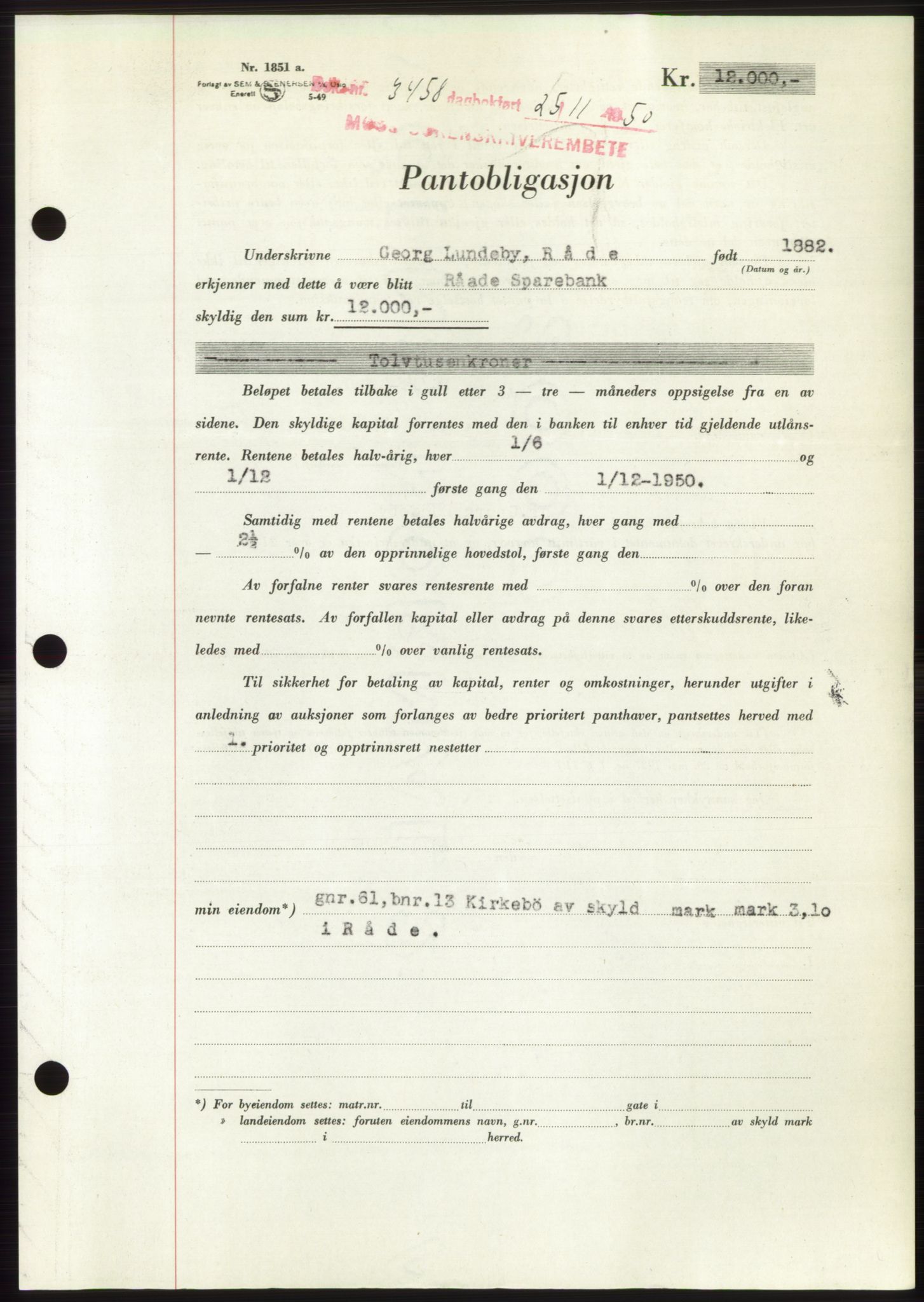 Moss sorenskriveri, SAO/A-10168: Pantebok nr. B25, 1950-1950, Dagboknr: 3458/1950