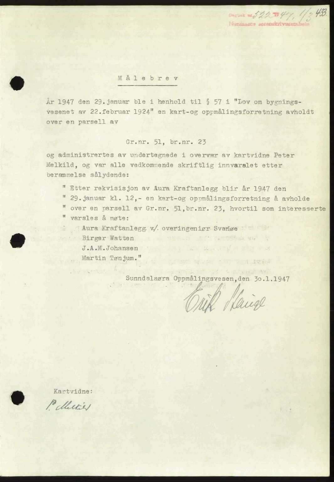 Nordmøre sorenskriveri, SAT/A-4132/1/2/2Ca: Pantebok nr. A104, 1947-1947, Dagboknr: 522/1947