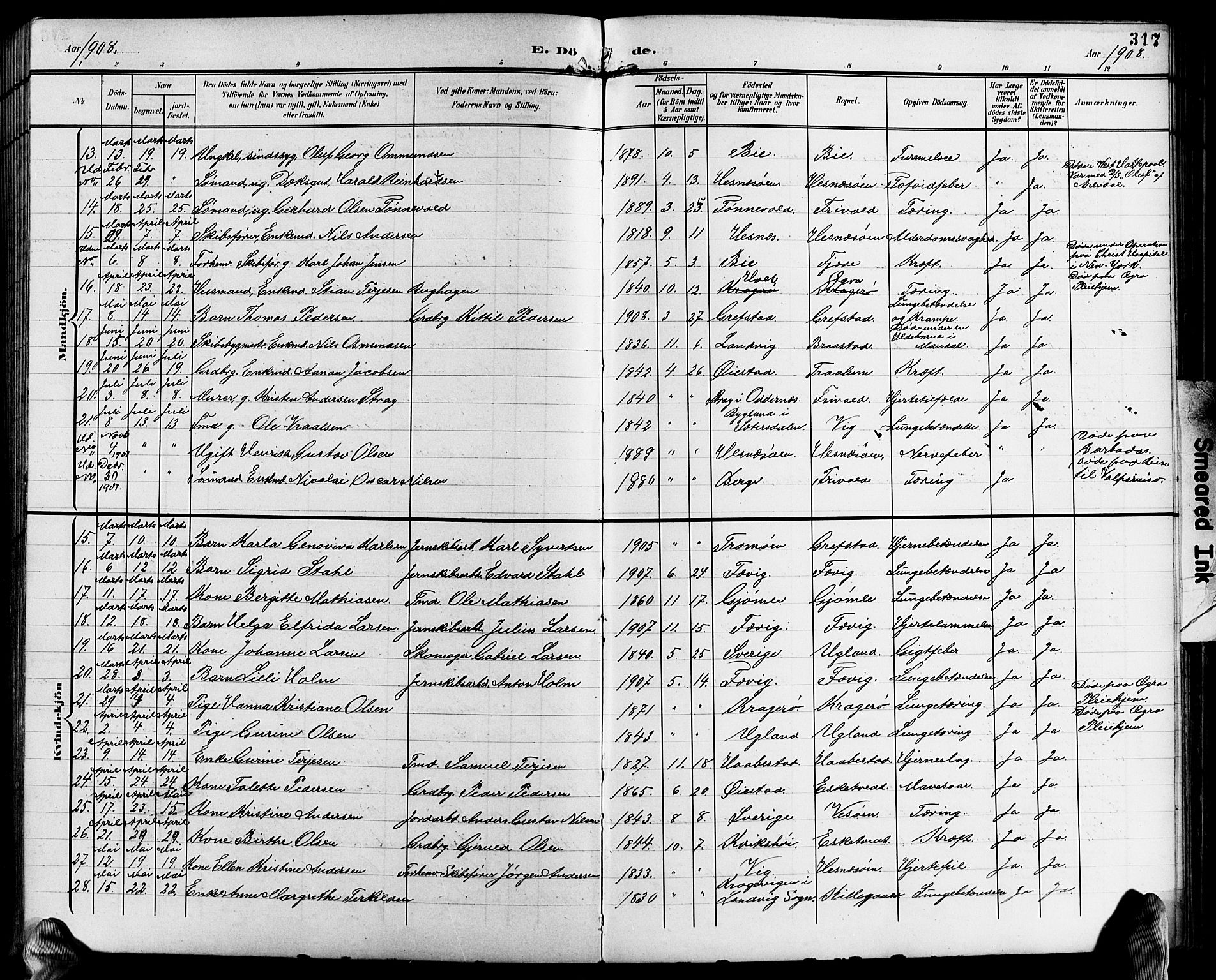 Fjære sokneprestkontor, AV/SAK-1111-0011/F/Fb/L0012: Klokkerbok nr. B 12, 1902-1925, s. 317