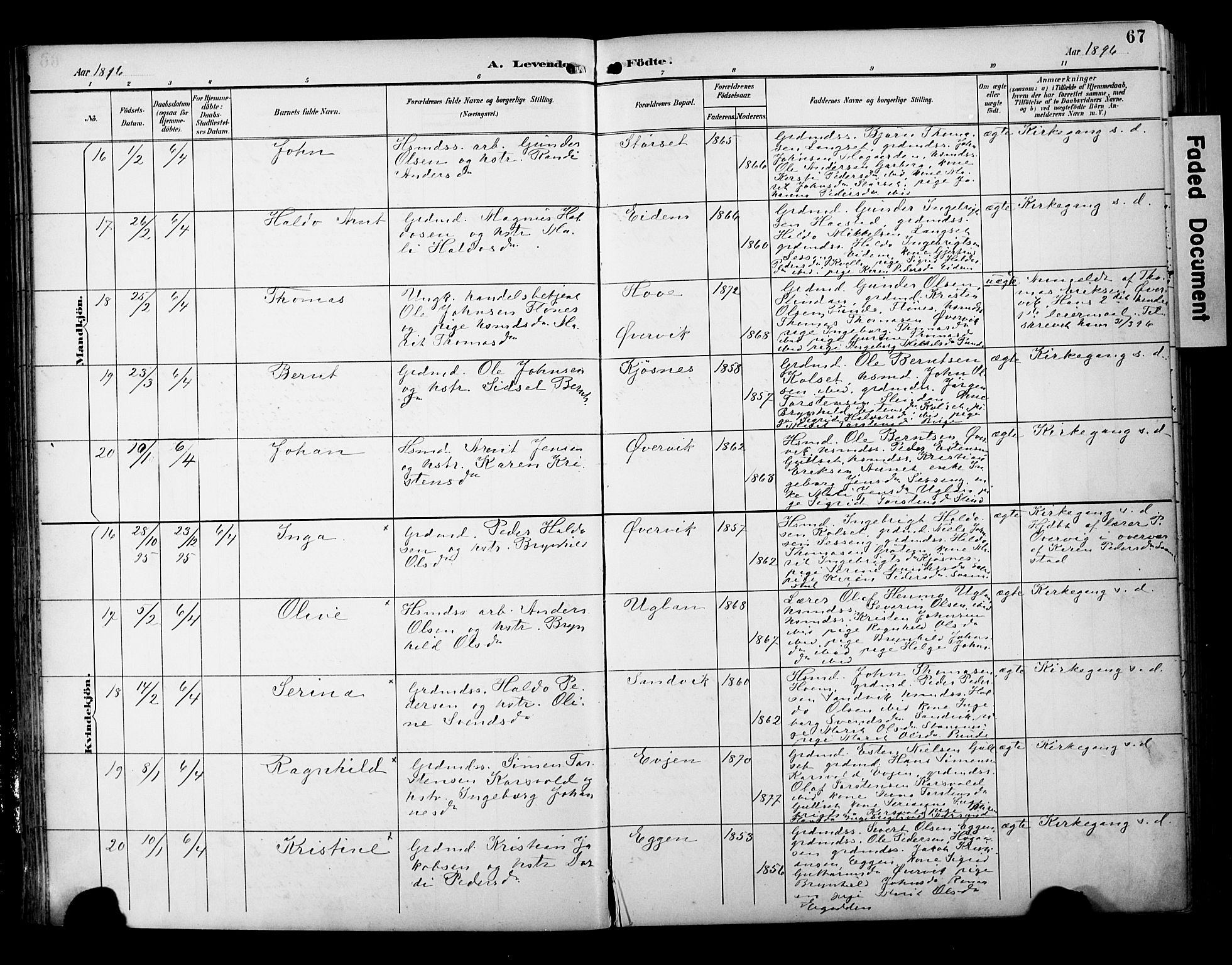 Ministerialprotokoller, klokkerbøker og fødselsregistre - Sør-Trøndelag, AV/SAT-A-1456/695/L1149: Ministerialbok nr. 695A09, 1891-1902, s. 67