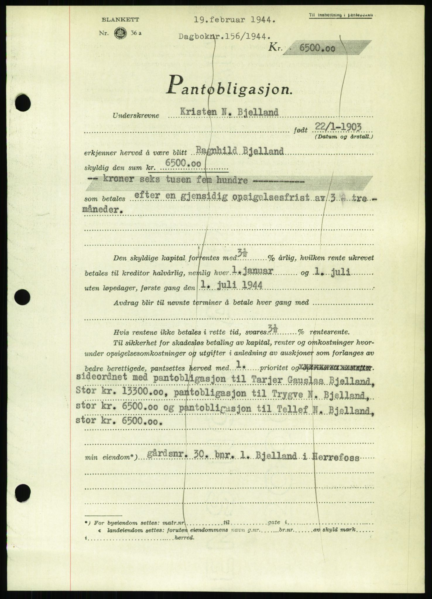 Nedenes sorenskriveri, SAK/1221-0006/G/Gb/Gbb/L0002: Pantebok nr. II, 1942-1945, Dagboknr: 156/1944