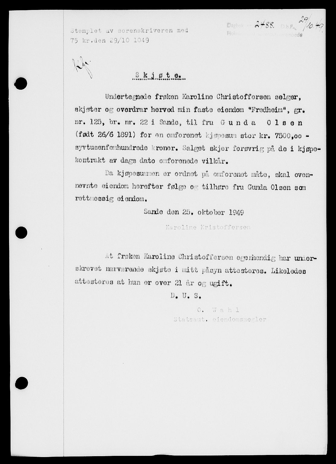 Holmestrand sorenskriveri, SAKO/A-67/G/Ga/Gaa/L0067: Pantebok nr. A-67, 1949-1949, Dagboknr: 2488/1949