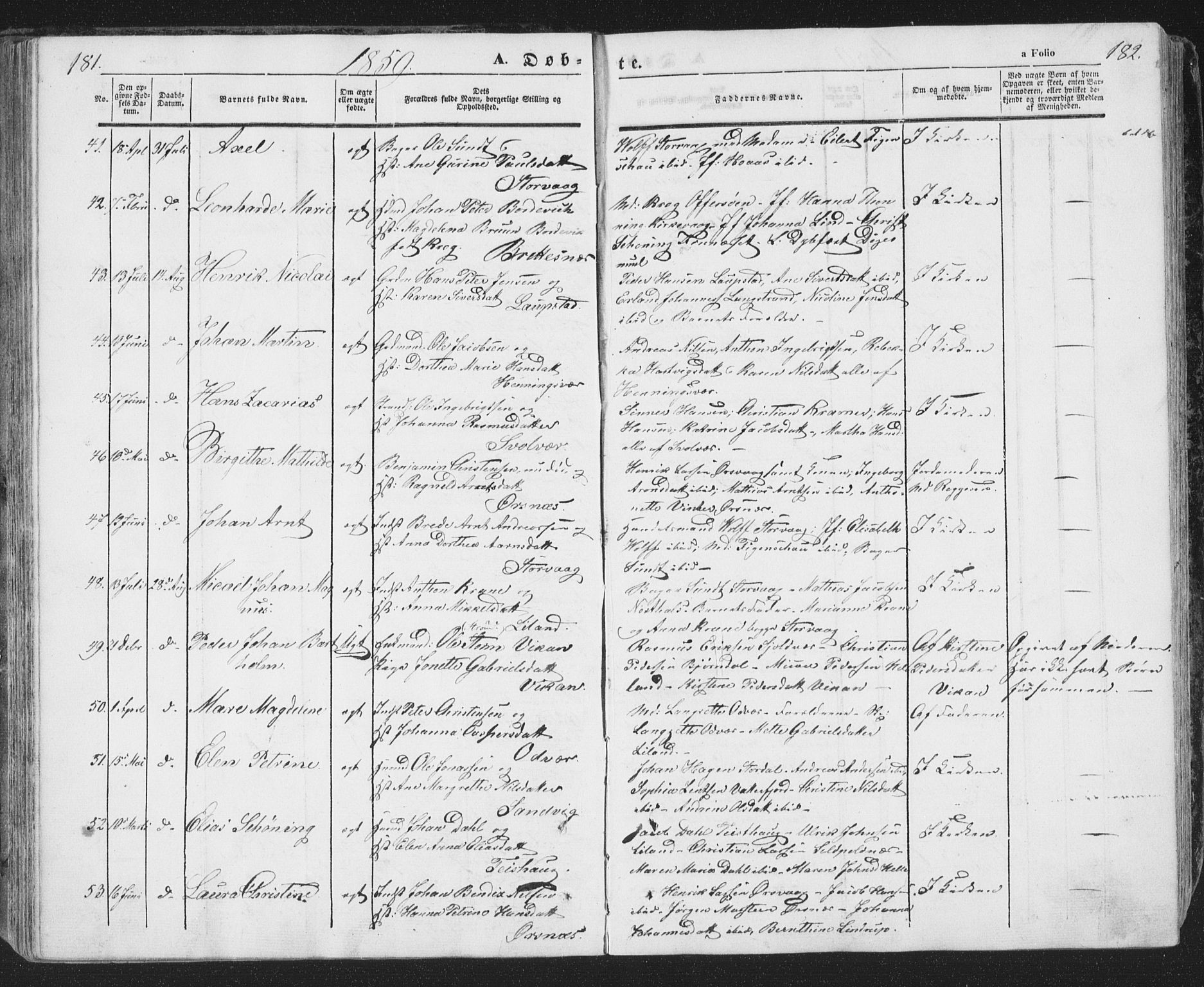 Ministerialprotokoller, klokkerbøker og fødselsregistre - Nordland, SAT/A-1459/874/L1072: Klokkerbok nr. 874C01, 1843-1859, s. 181-182