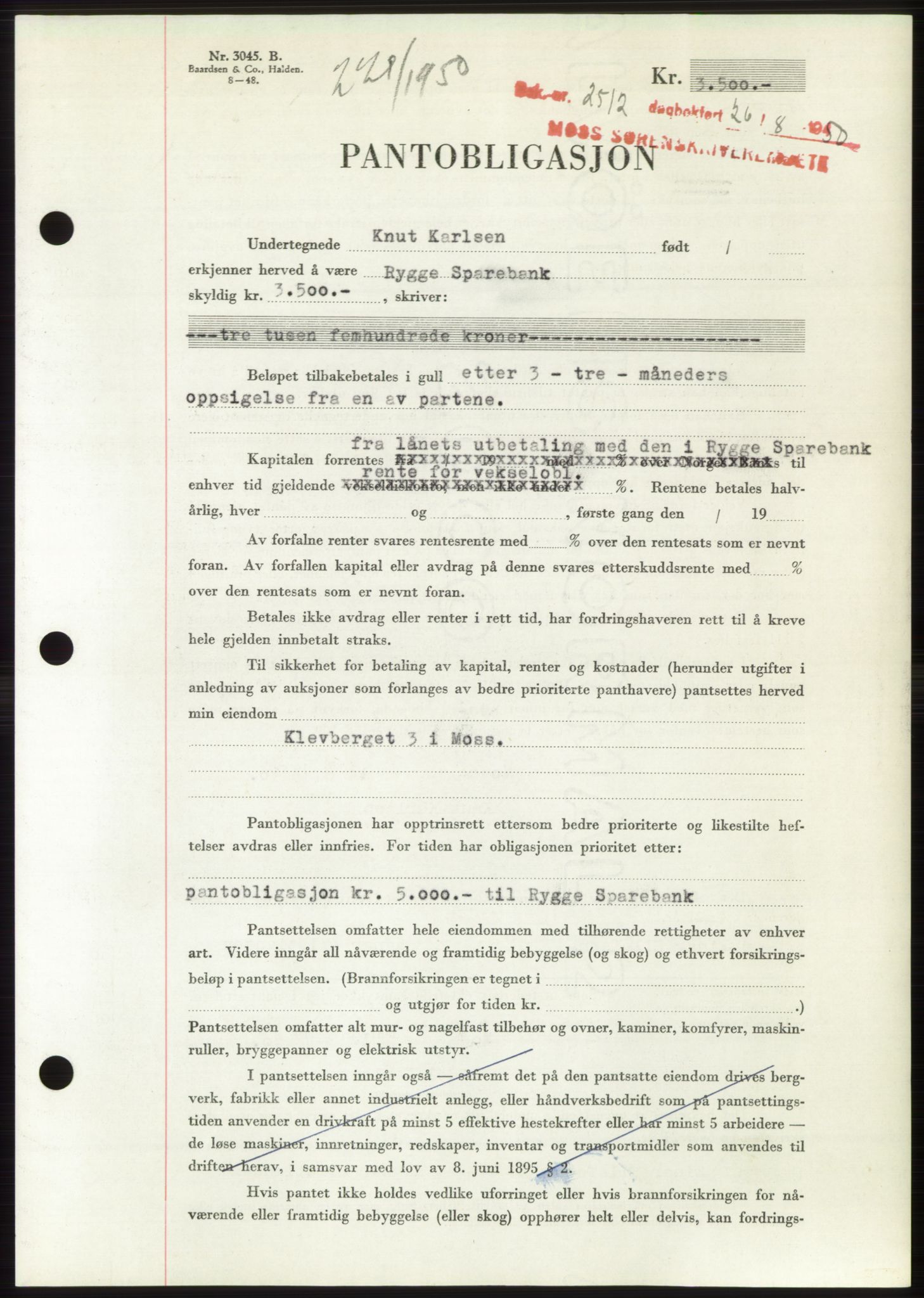 Moss sorenskriveri, SAO/A-10168: Pantebok nr. B25, 1950-1950, Dagboknr: 2512/1950