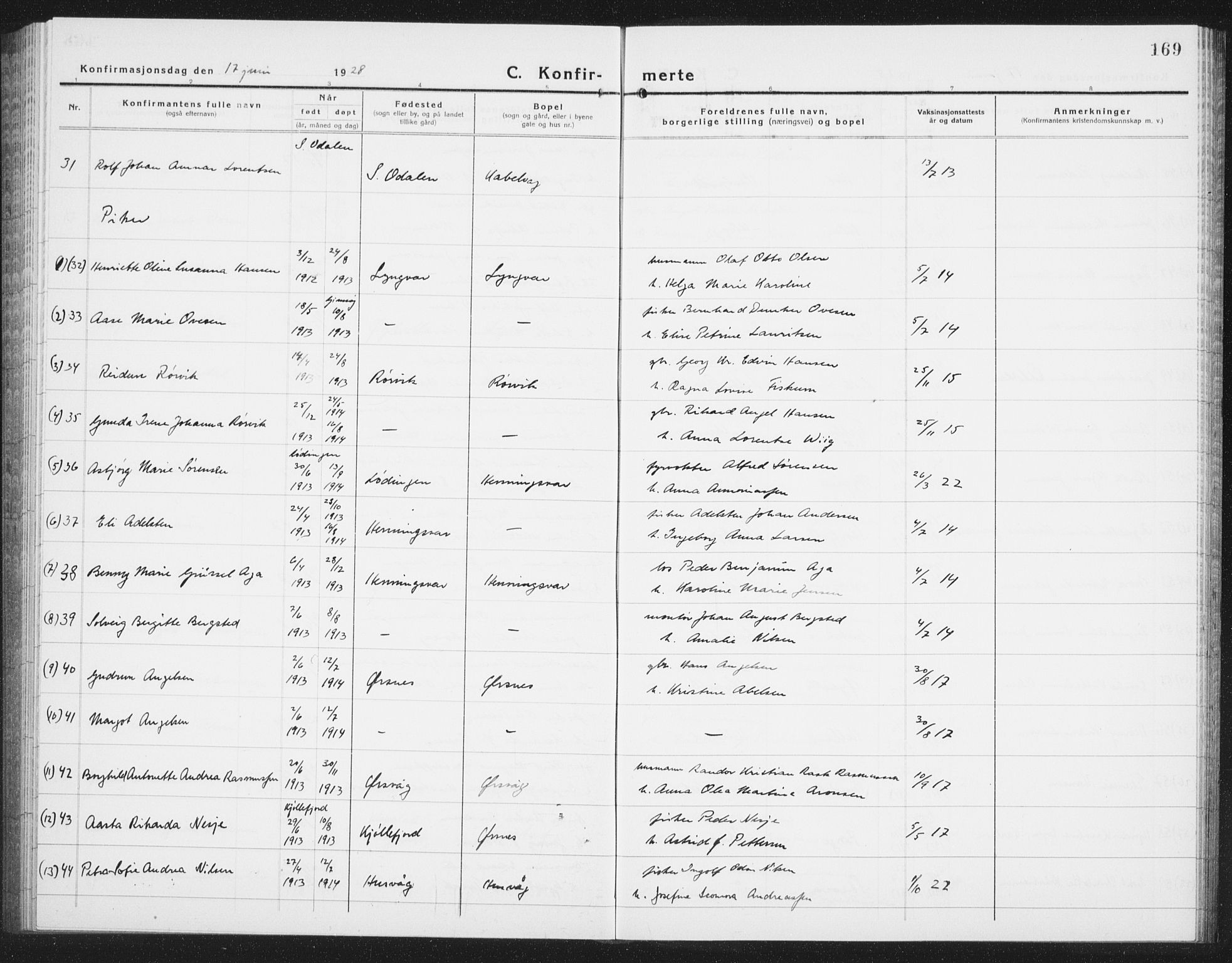 Ministerialprotokoller, klokkerbøker og fødselsregistre - Nordland, AV/SAT-A-1459/874/L1081: Klokkerbok nr. 874C10, 1925-1941, s. 169