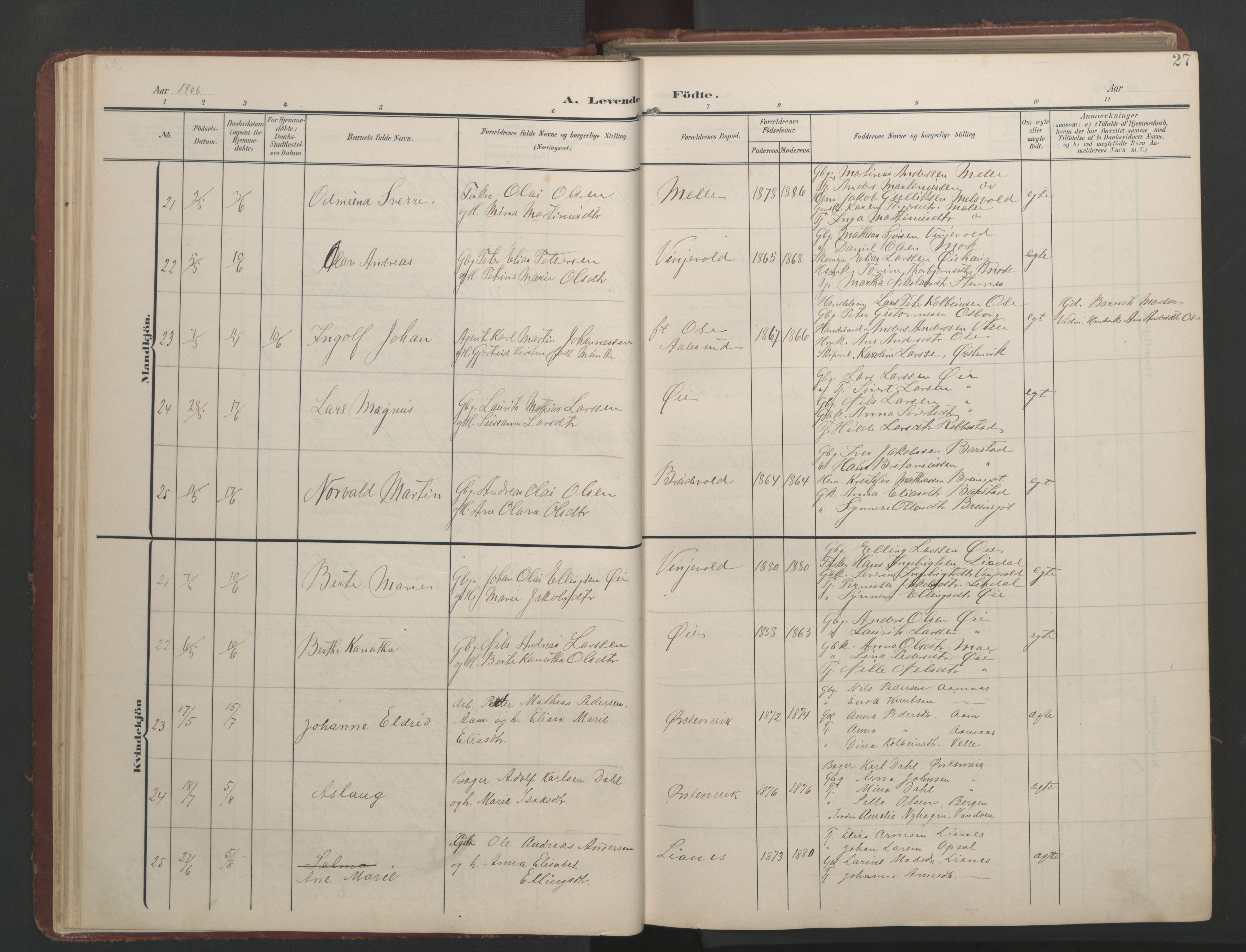 Ministerialprotokoller, klokkerbøker og fødselsregistre - Møre og Romsdal, AV/SAT-A-1454/513/L0190: Klokkerbok nr. 513C04, 1904-1926, s. 27