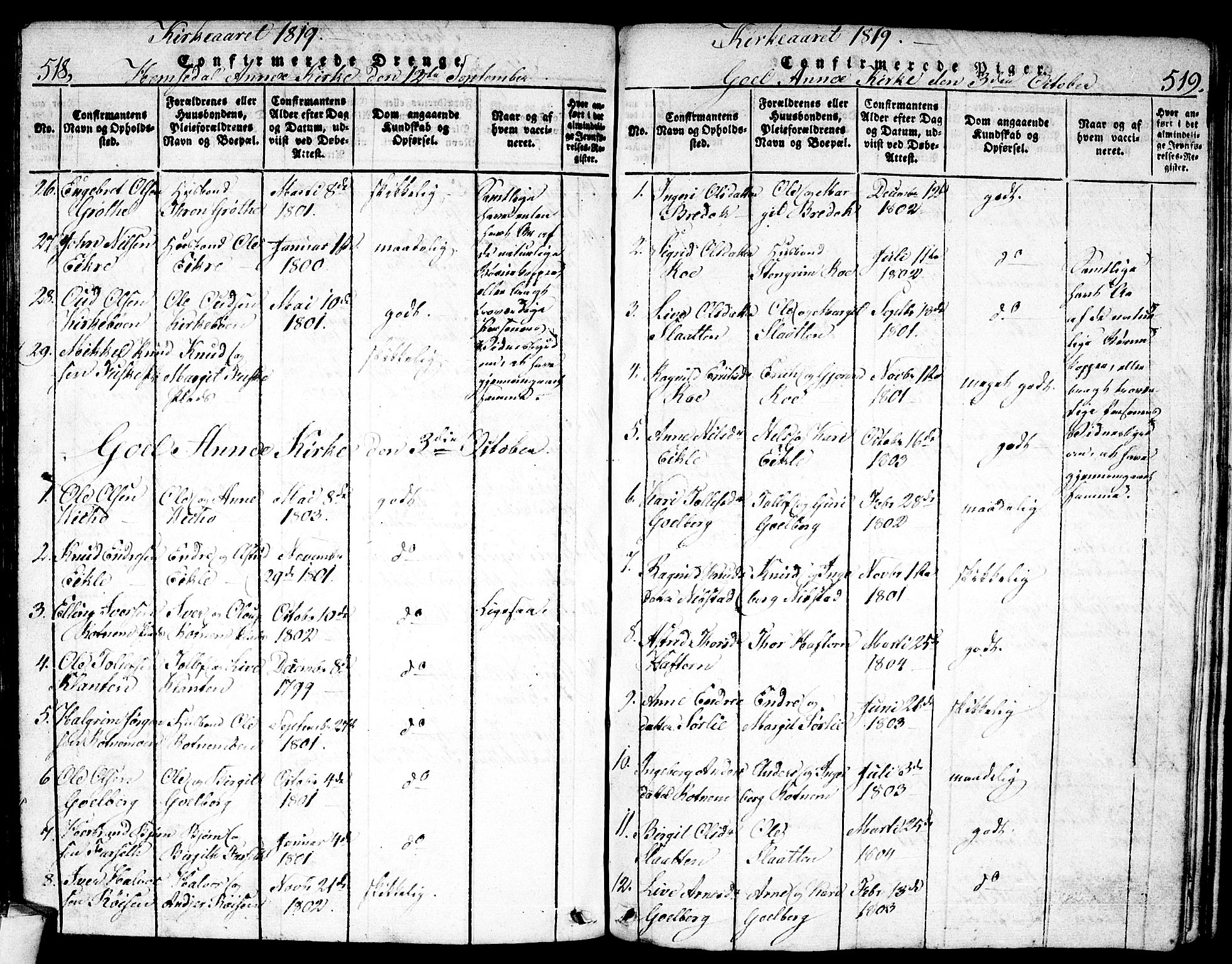 Nes kirkebøker, AV/SAKO-A-236/F/Fa/L0007: Ministerialbok nr. 7, 1815-1823, s. 518-519