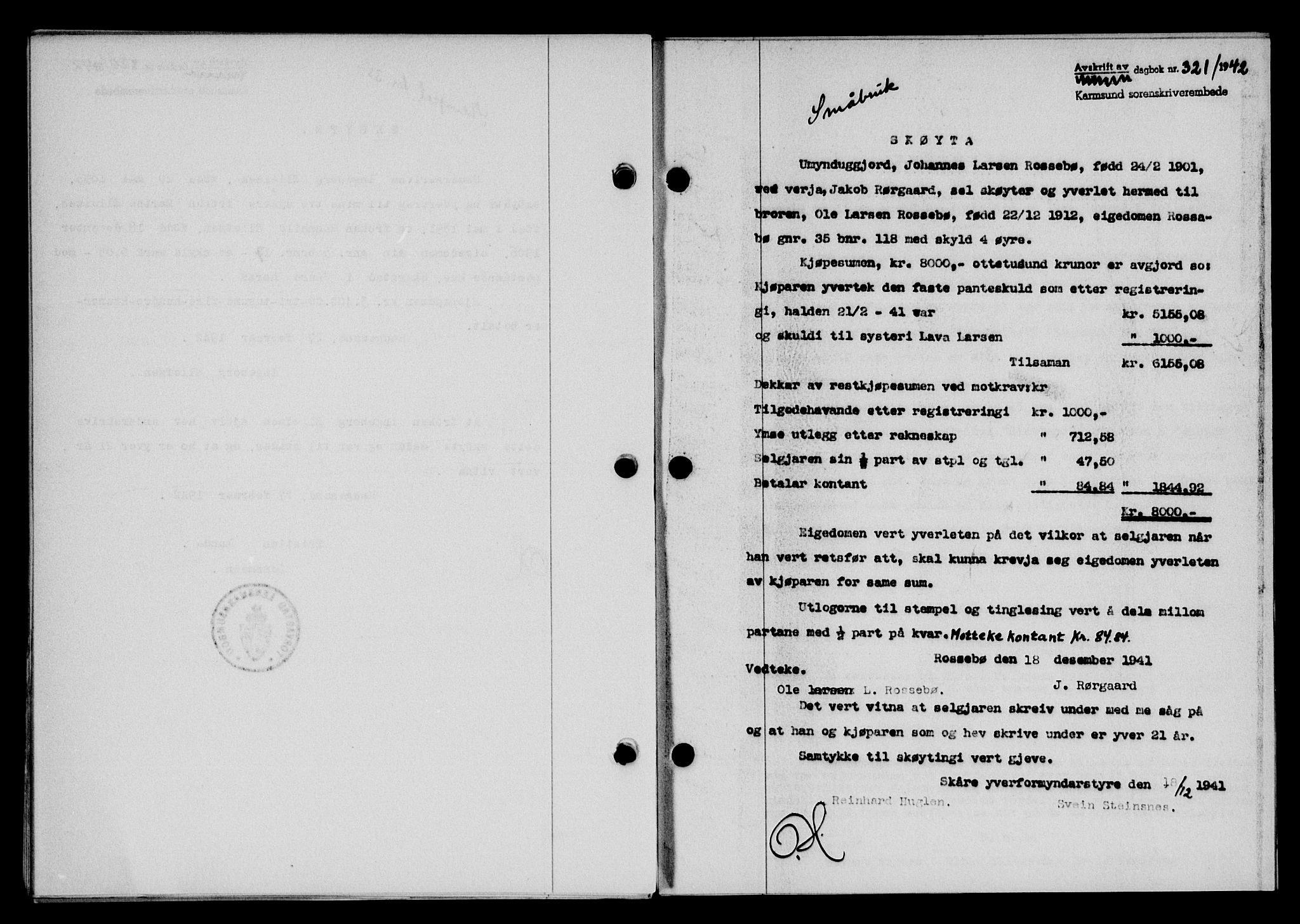 Karmsund sorenskriveri, SAST/A-100311/01/II/IIB/L0077: Pantebok nr. 58A, 1942-1942, Dagboknr: 321/1942