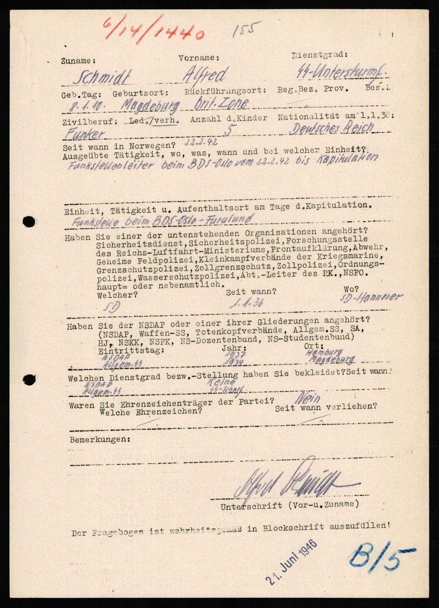 Forsvaret, Forsvarets overkommando II, RA/RAFA-3915/D/Db/L0029: CI Questionaires. Tyske okkupasjonsstyrker i Norge. Tyskere., 1945-1946, s. 353