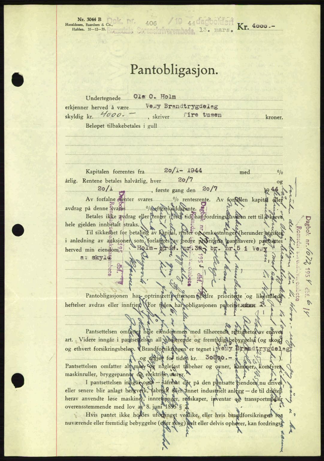 Romsdal sorenskriveri, SAT/A-4149/1/2/2C: Pantebok nr. B2, 1939-1945, Dagboknr: 406/1944