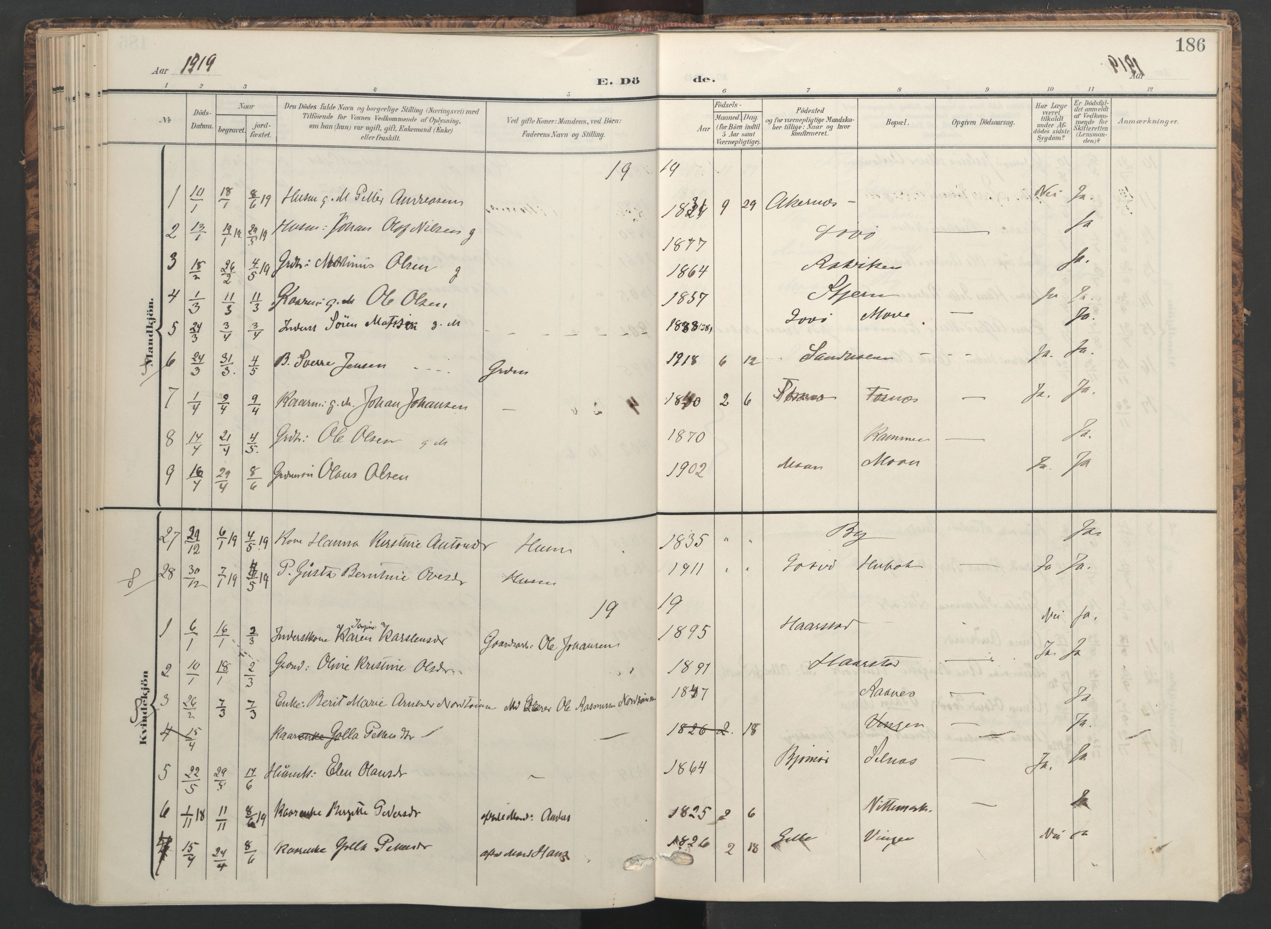 Ministerialprotokoller, klokkerbøker og fødselsregistre - Sør-Trøndelag, AV/SAT-A-1456/655/L0682: Ministerialbok nr. 655A11, 1908-1922, s. 186