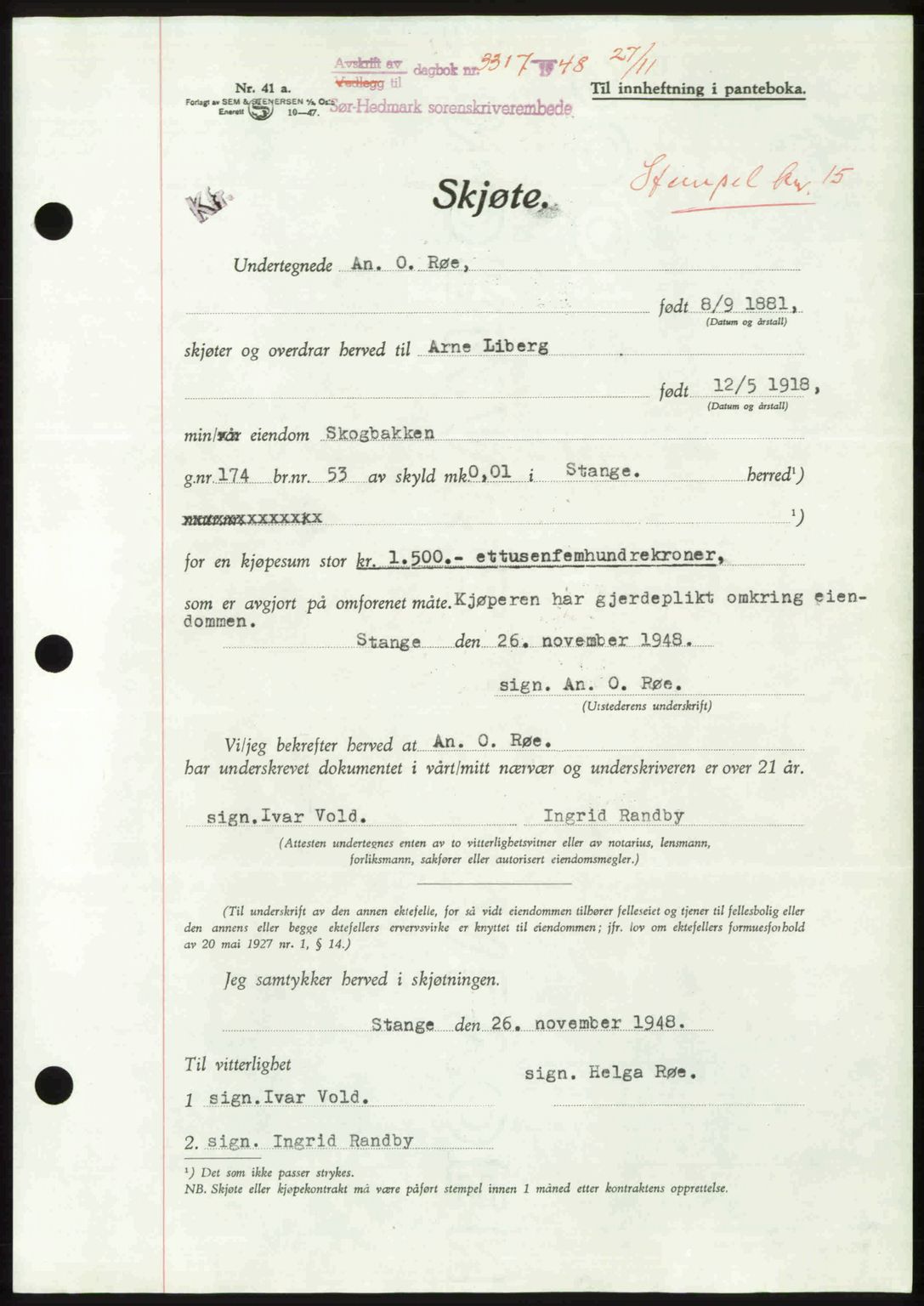 Sør-Hedmark sorenskriveri, SAH/TING-014/H/Hb/Hbd/L0018: Pantebok nr. 18, 1948-1949, Dagboknr: 3317/1948