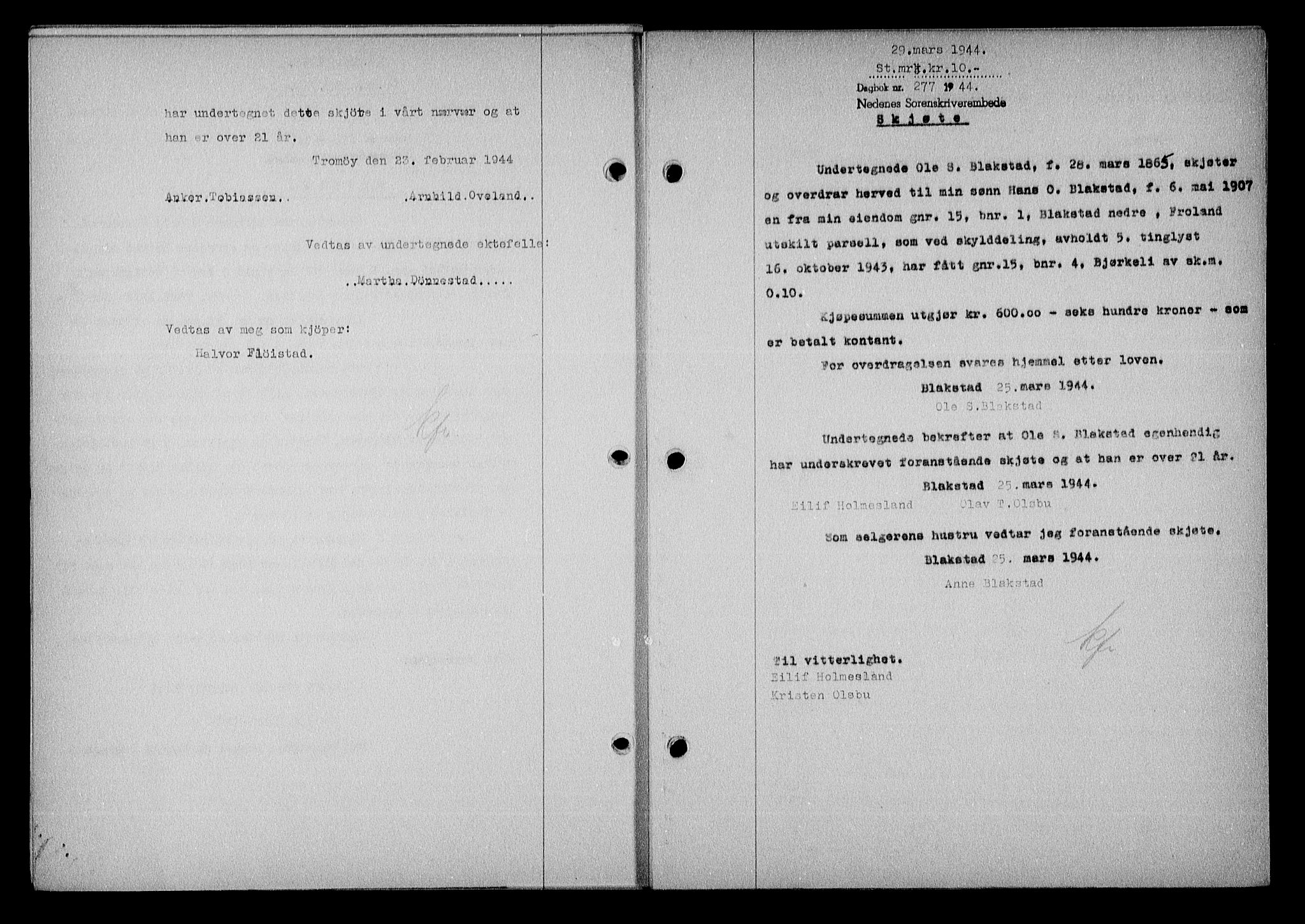 Nedenes sorenskriveri, SAK/1221-0006/G/Gb/Gba/L0051: Pantebok nr. A-V, 1943-1944, Dagboknr: 277/1944