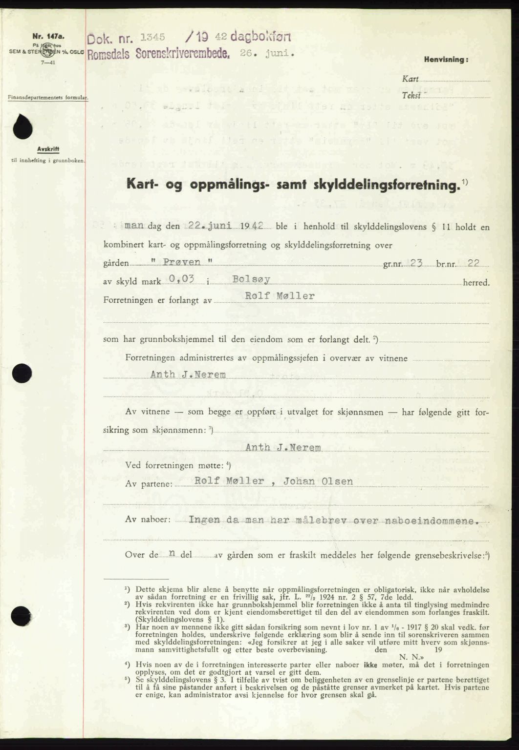 Romsdal sorenskriveri, SAT/A-4149/1/2/2C: Pantebok nr. A12, 1942-1942, Dagboknr: 1345/1942