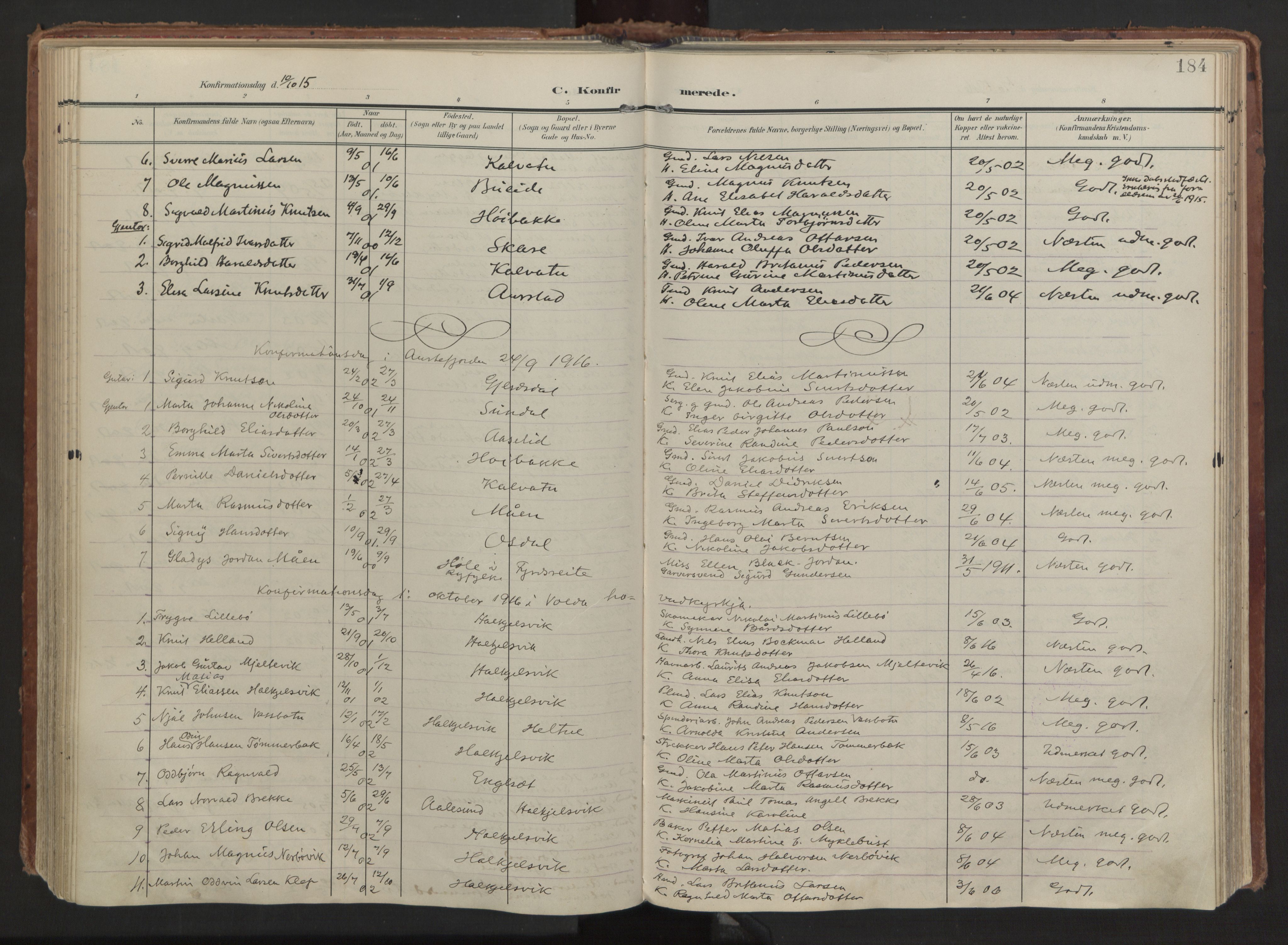 Ministerialprotokoller, klokkerbøker og fødselsregistre - Møre og Romsdal, AV/SAT-A-1454/511/L0144: Ministerialbok nr. 511A11, 1906-1923, s. 184