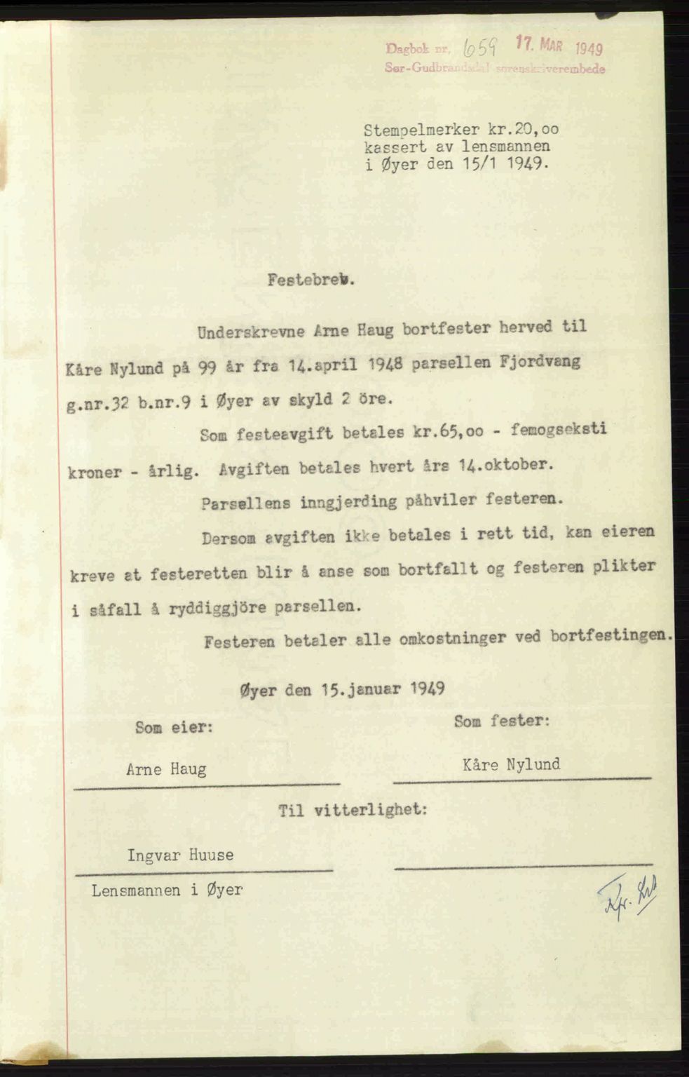 Sør-Gudbrandsdal tingrett, SAH/TING-004/H/Hb/Hbd/L0024: Pantebok nr. A24, 1948-1949, Dagboknr: 659/1949