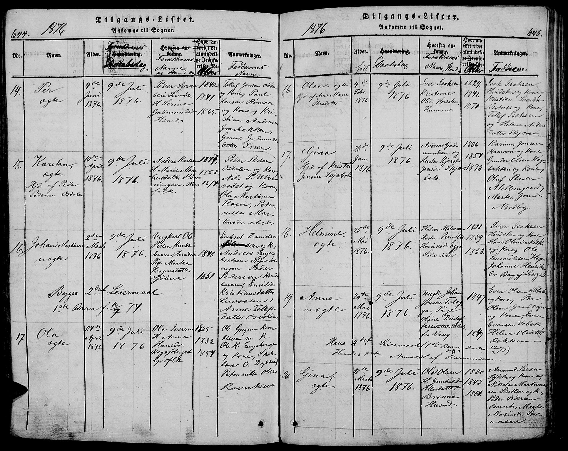 Trysil prestekontor, SAH/PREST-046/H/Ha/Hab/L0005: Klokkerbok nr. 5, 1814-1877, s. 644-645