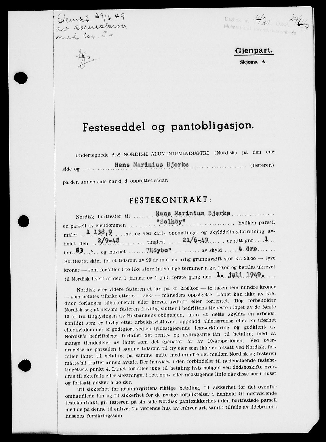 Holmestrand sorenskriveri, SAKO/A-67/G/Ga/Gaa/L0067: Pantebok nr. A-67, 1949-1949, Dagboknr: 1420/1949