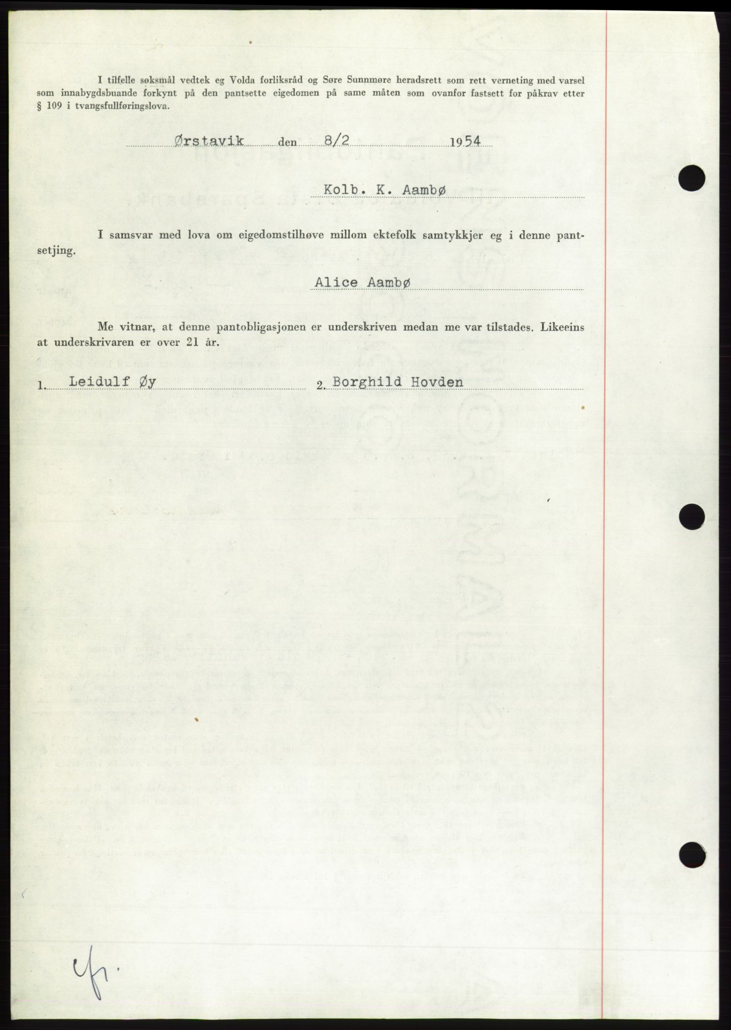 Søre Sunnmøre sorenskriveri, AV/SAT-A-4122/1/2/2C/L0124: Pantebok nr. 12B, 1953-1954, Dagboknr: 395/1954