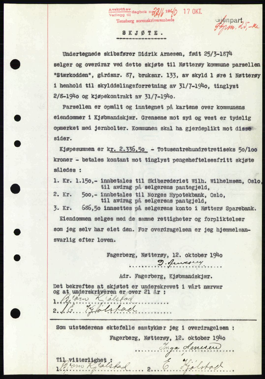 Tønsberg sorenskriveri, AV/SAKO-A-130/G/Ga/Gaa/L0009: Pantebok nr. A9, 1940-1941, Dagboknr: 2316/1940