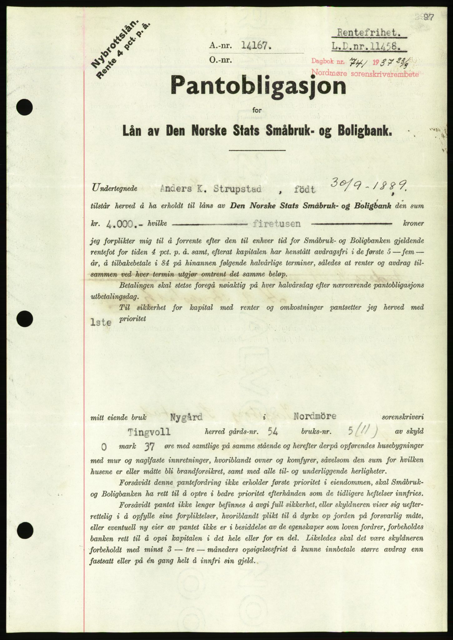 Nordmøre sorenskriveri, AV/SAT-A-4132/1/2/2Ca/L0091: Pantebok nr. B81, 1937-1937, Dagboknr: 741/1937