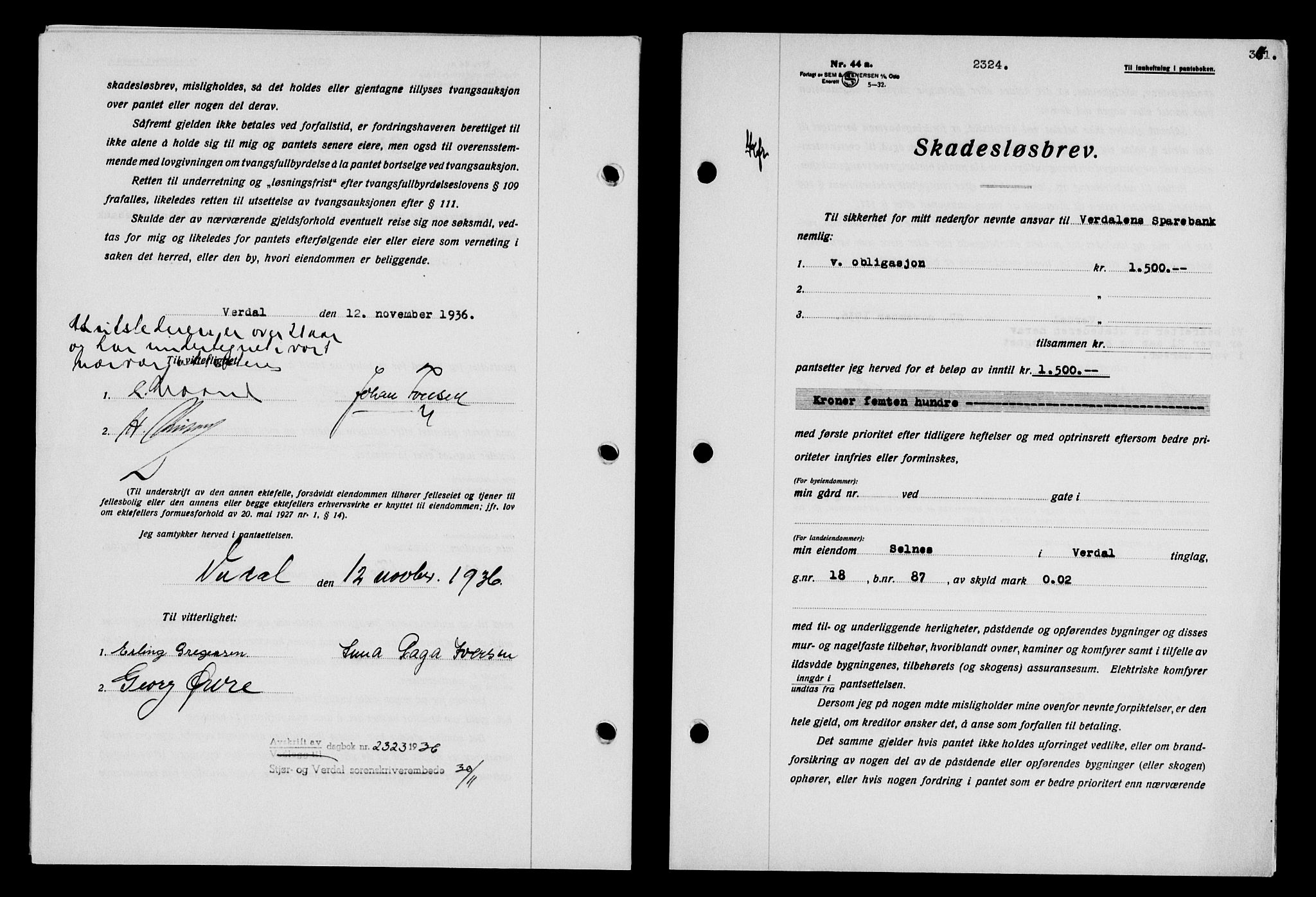 Stjør- og Verdal sorenskriveri, SAT/A-4167/1/2/2C/L0078: Pantebok nr. 46, 1936-1937, Dagboknr: 2324/1936
