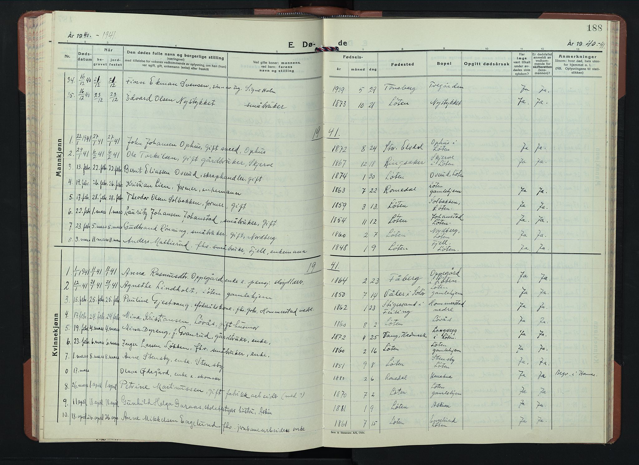 Løten prestekontor, AV/SAH-PREST-022/L/La/L0010: Klokkerbok nr. 10, 1940-1945, s. 188