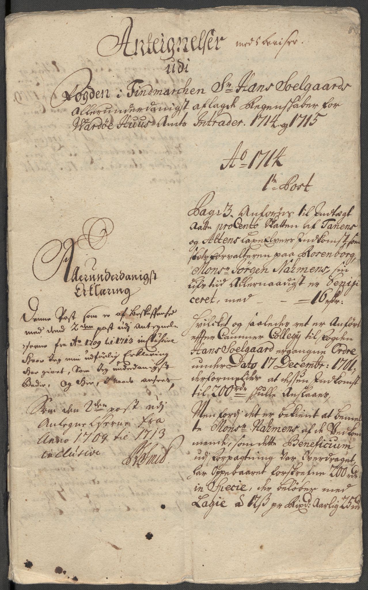 Rentekammeret inntil 1814, Reviderte regnskaper, Fogderegnskap, AV/RA-EA-4092/R69/L4856: Fogderegnskap Finnmark/Vardøhus, 1713-1715, s. 650