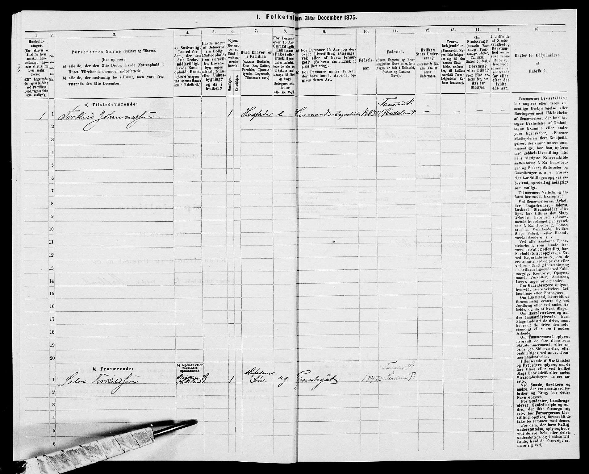 SAK, Folketelling 1875 for 1046P Sirdal prestegjeld, 1875, s. 287