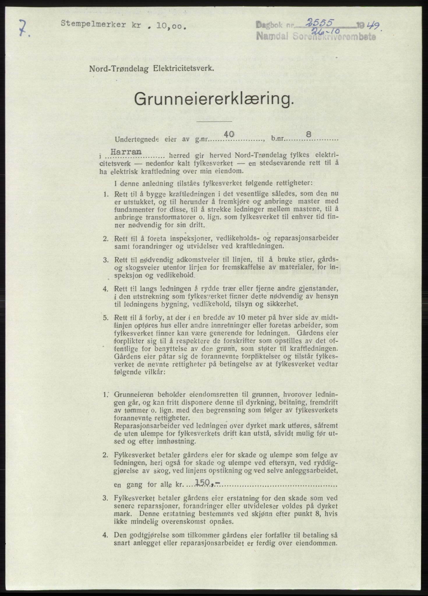 Namdal sorenskriveri, SAT/A-4133/1/2/2C: Pantebok nr. -, 1949-1949, Dagboknr: 2555/1949