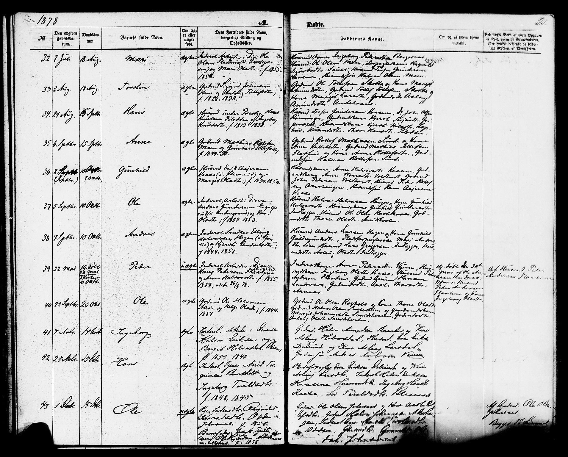 Sauherad kirkebøker, AV/SAKO-A-298/F/Fa/L0008: Ministerialbok nr. I 8, 1873-1886, s. 21
