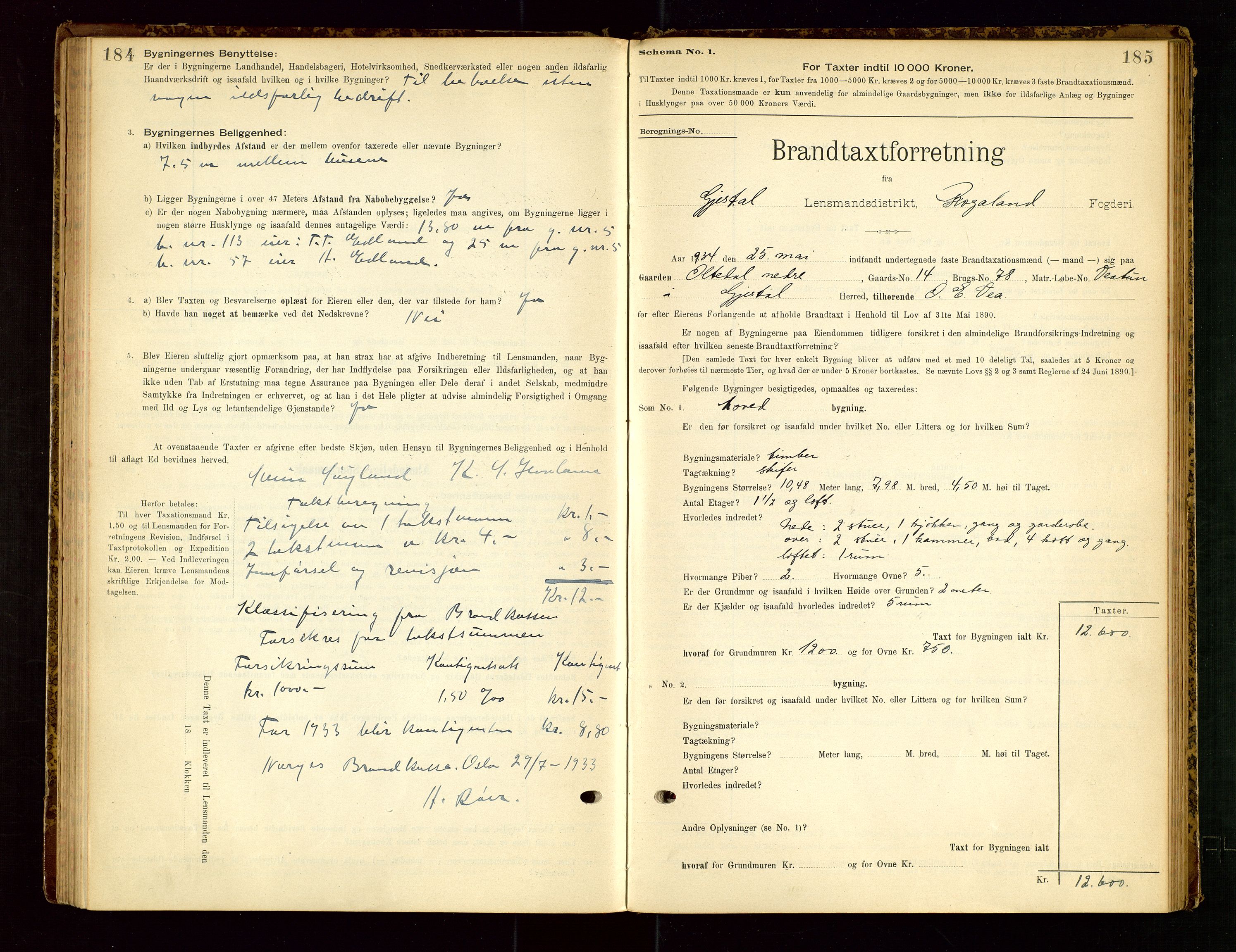 Gjesdal lensmannskontor, SAST/A-100441/Go/L0007: Branntakstskjemaprotokoll, 1894-1937, s. 184-185