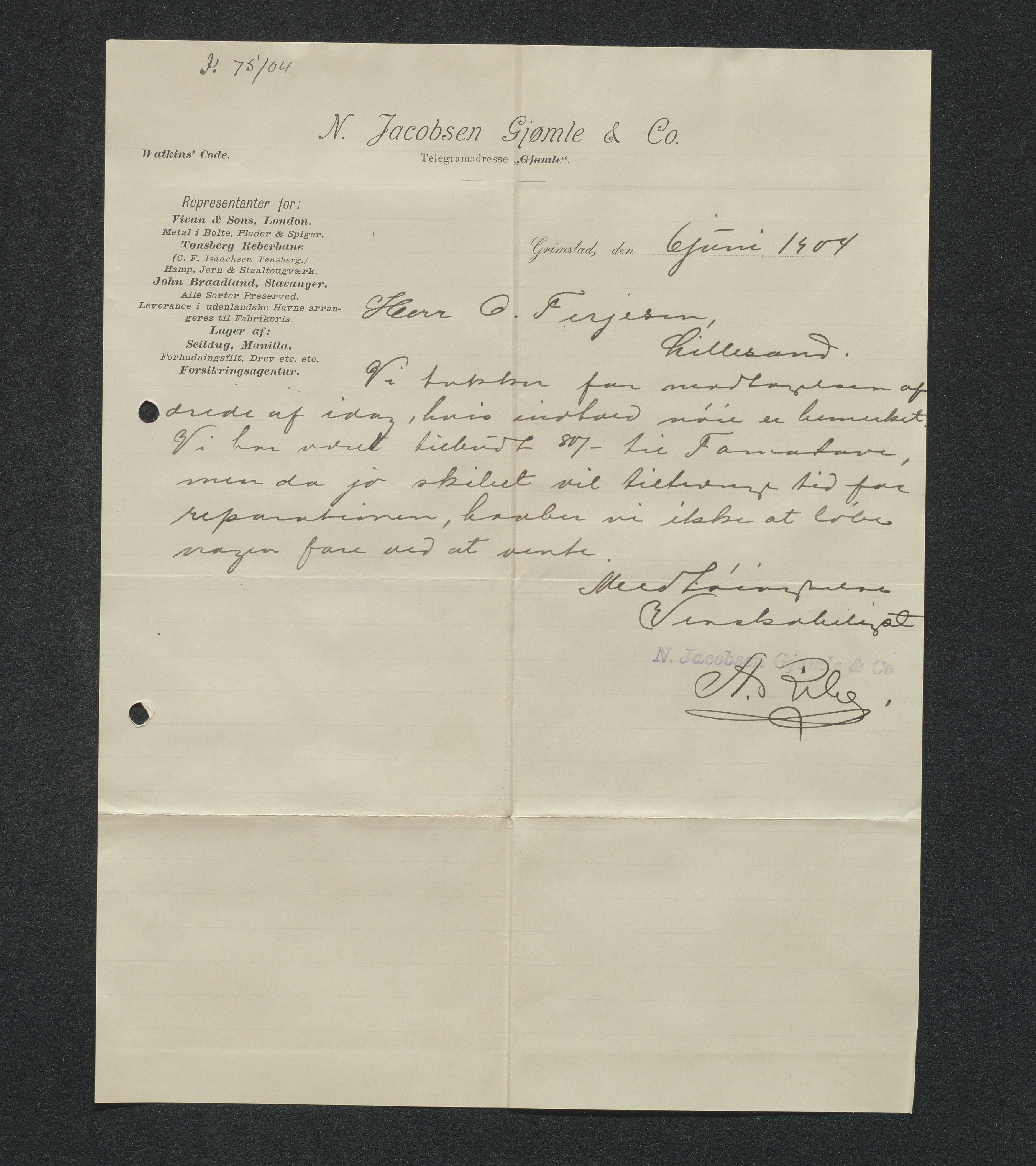 O. Terjesens rederi, AAKS/PA-2525/E/E01/L0013: Korrespondanse, 1904-1905