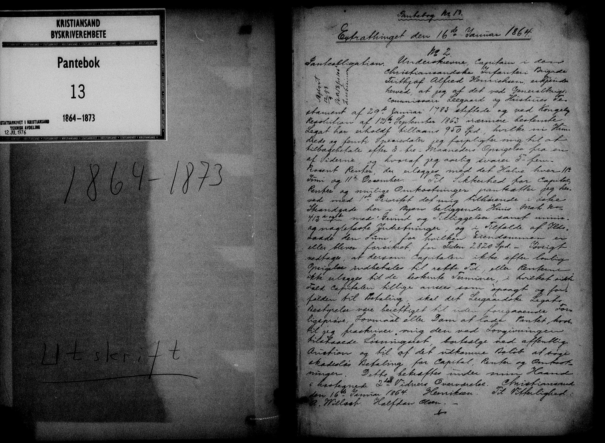 Kristiansand byrett, AV/SAK-1223-0001/G/Gb/Gba/L0010: Pantebok nr. 13R, 1864-1873, s. 1