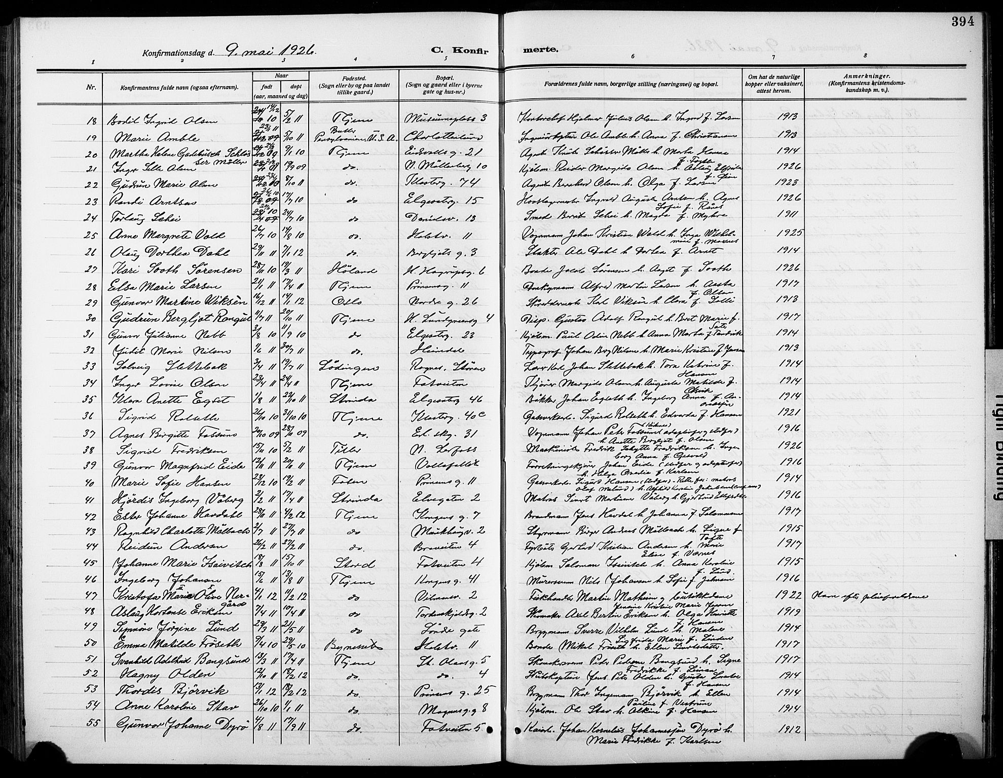 Ministerialprotokoller, klokkerbøker og fødselsregistre - Sør-Trøndelag, SAT/A-1456/601/L0096: Klokkerbok nr. 601C14, 1911-1931, s. 394