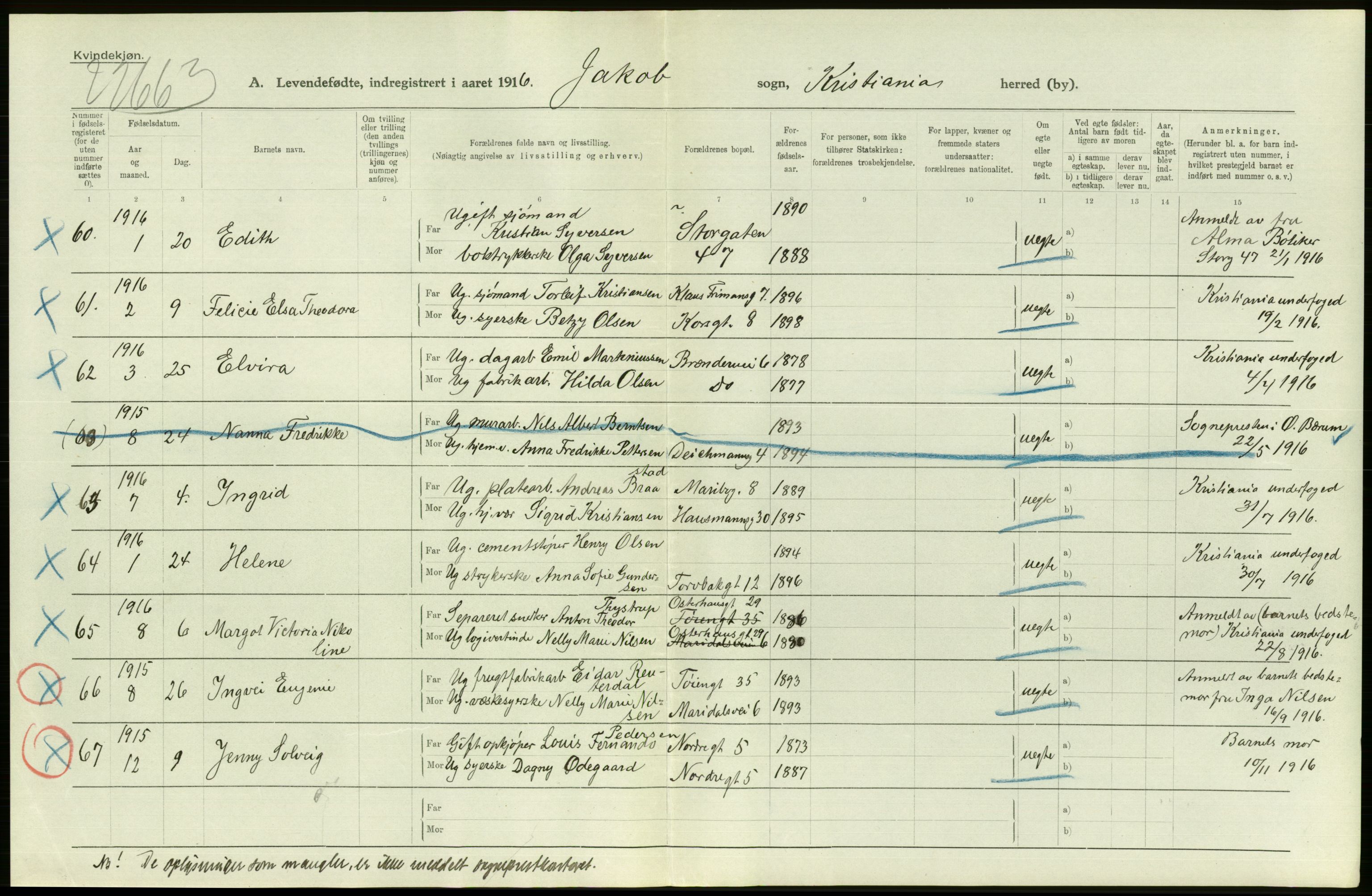 Statistisk sentralbyrå, Sosiodemografiske emner, Befolkning, AV/RA-S-2228/D/Df/Dfb/Dfbf/L0007: Kristiania: Levendefødte menn og kvinner., 1916, s. 552