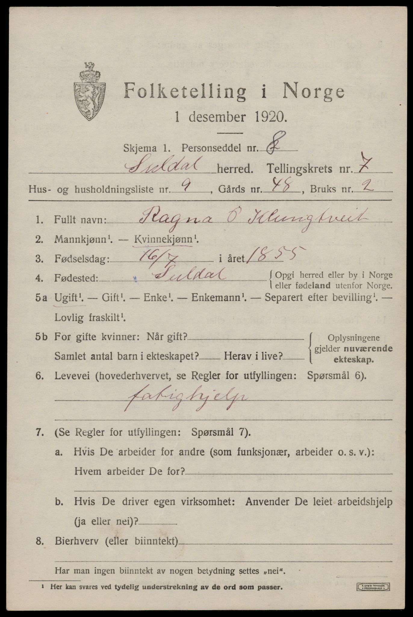 SAST, Folketelling 1920 for 1134 Suldal herred, 1920, s. 1842