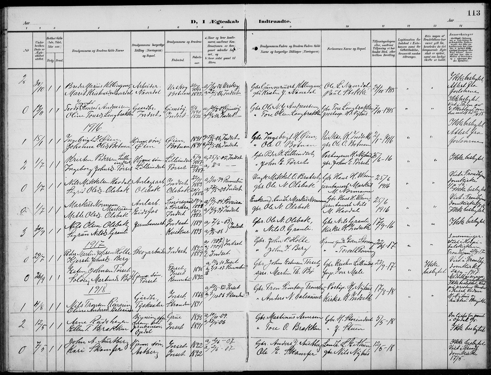 Kvikne prestekontor, AV/SAH-PREST-064/H/Ha/Hab/L0004: Klokkerbok nr. 4, 1902-1937, s. 113