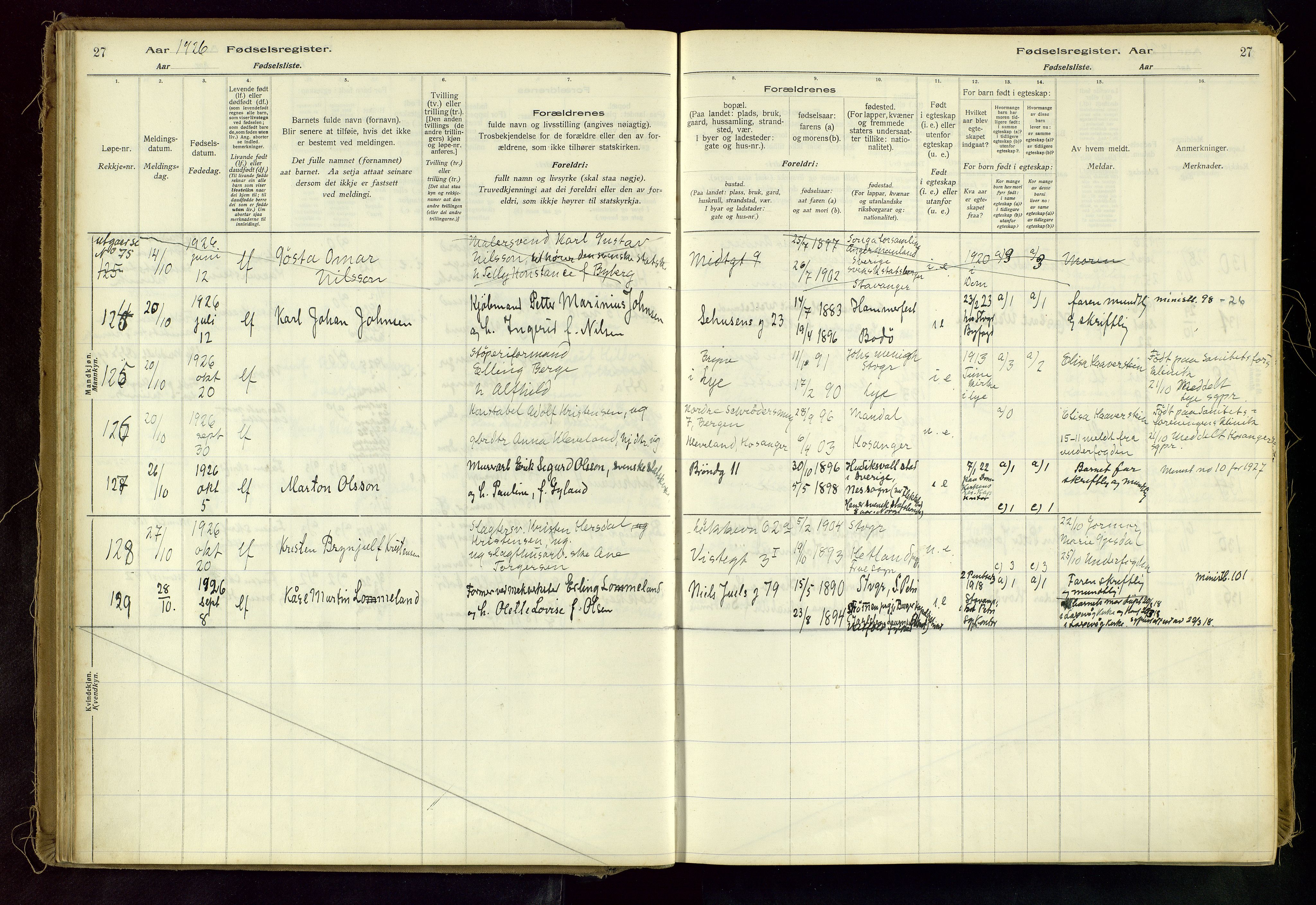 Domkirken sokneprestkontor, AV/SAST-A-101812/002/A/L0001: Fødselsregister nr. 1, 1925-1932, s. 27