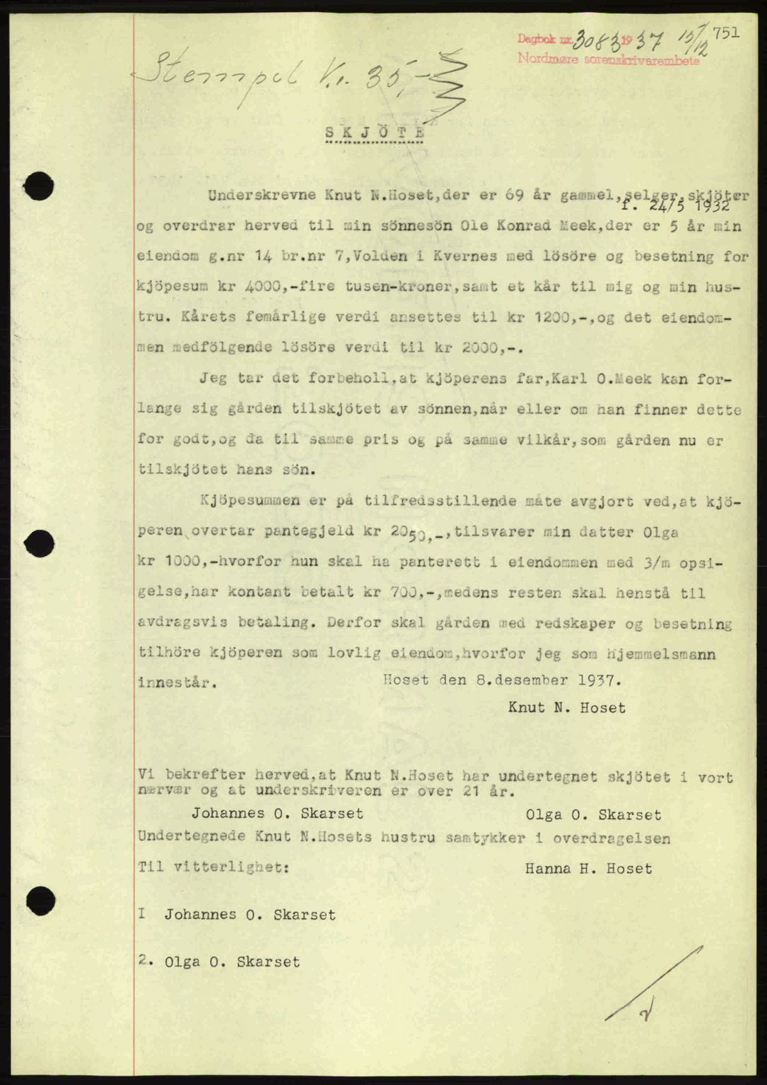 Nordmøre sorenskriveri, SAT/A-4132/1/2/2Ca: Pantebok nr. A82, 1937-1938, Dagboknr: 3083/1937